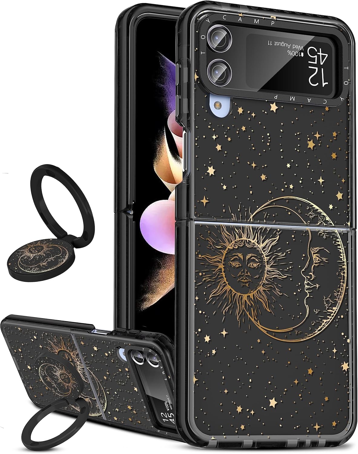 Toycamp Funda para Samsung Galaxy Z Flip 4 con soporte para anillo, bonita y divertida funda de diseño de estrellas de sol y luna de bruja, a prueba