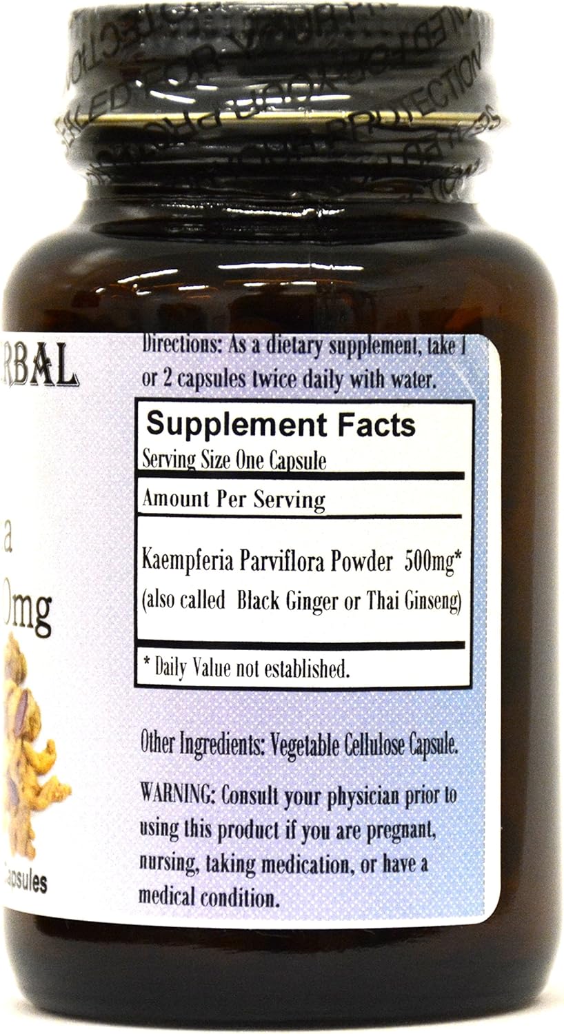 Barlowe’s Herbal Elixirs Kaempferia Parviflora Suplemento – Apoyo natural para vitalidad y bienestar – 60 500 mg VegiCaps – Sin estearato