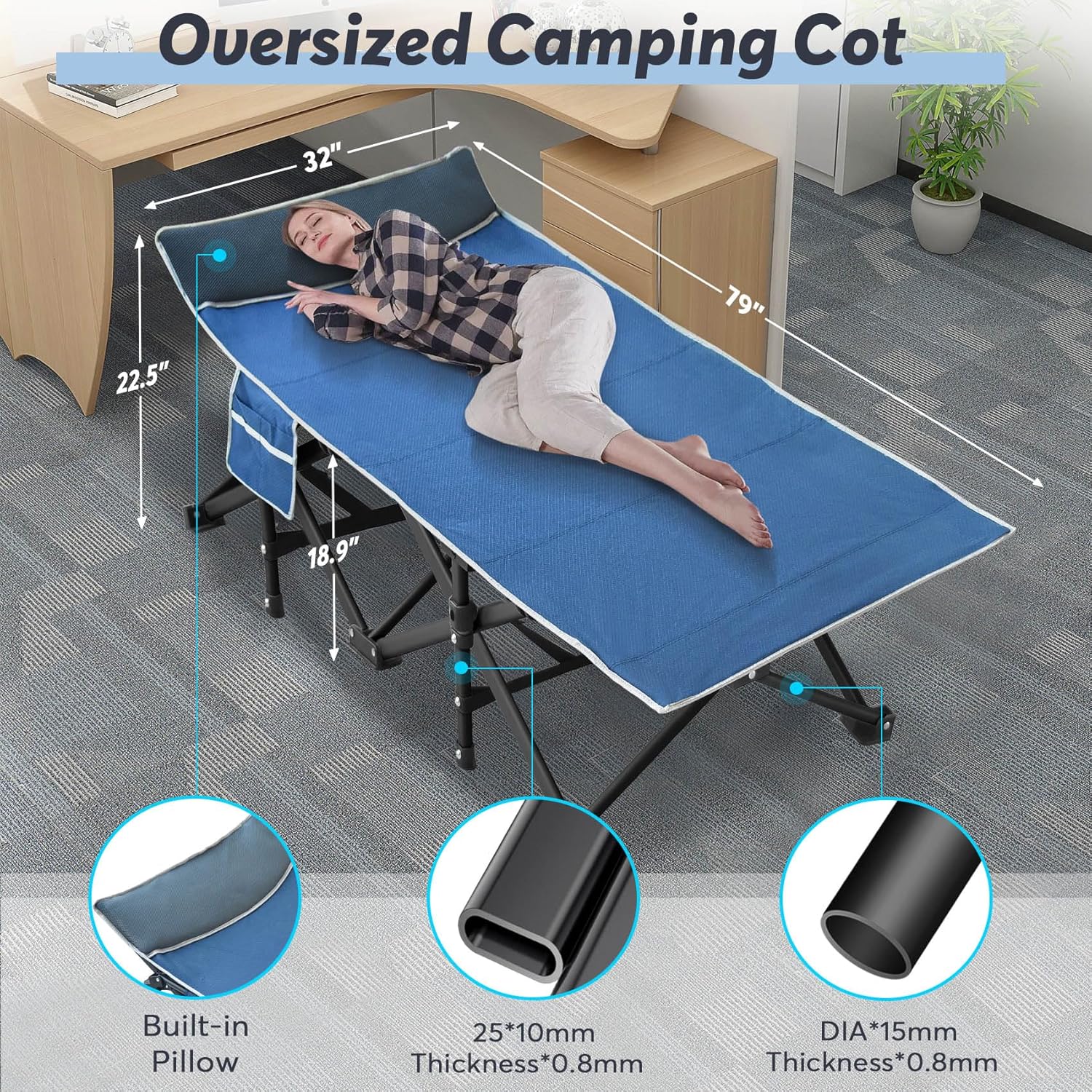 Slendor Catre de campamento plegable XXL para adultos, 79 pulgadas de largo x 32 pulgadas de ancho x 19 pulgadas de alto, catre de campamento de
