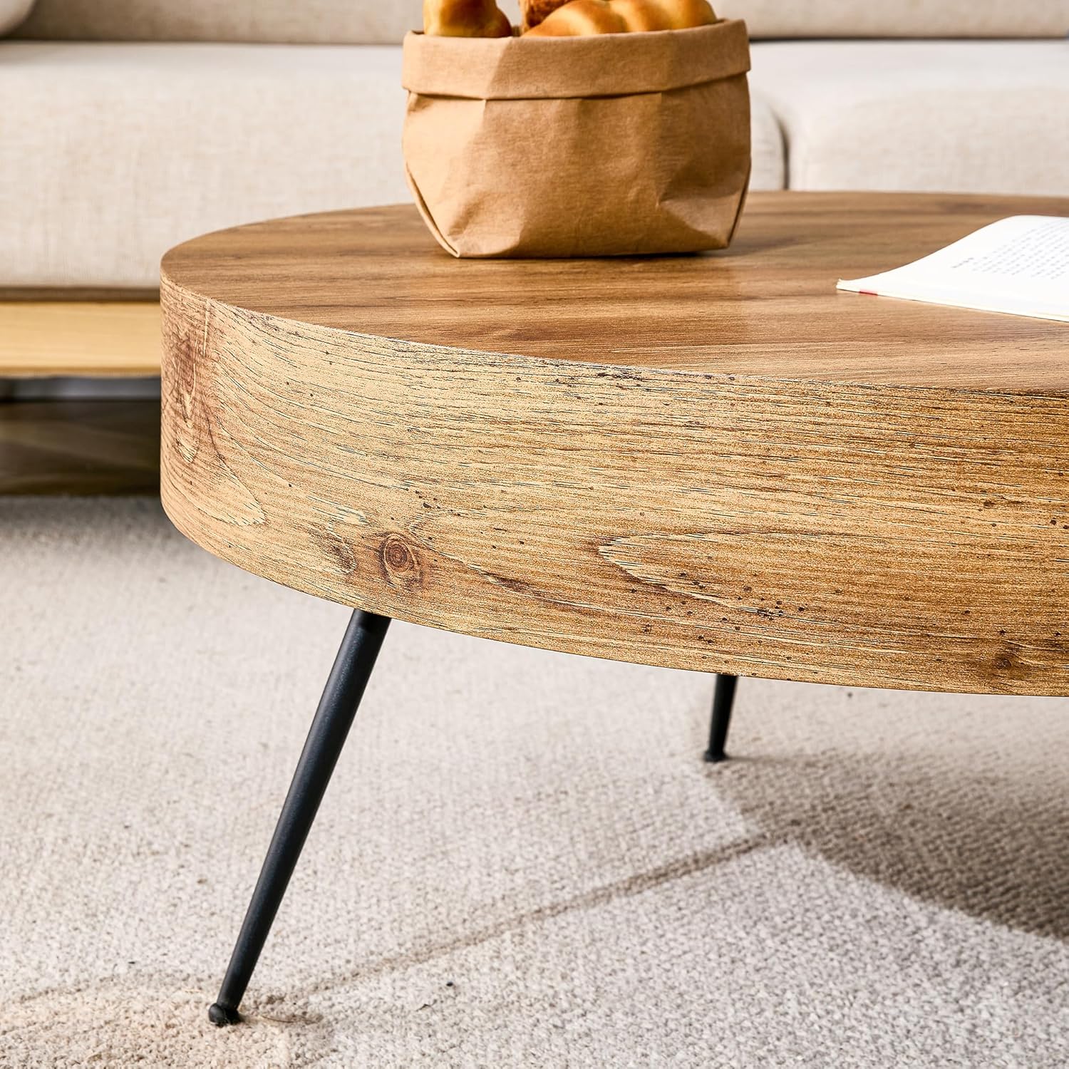 Mesas de centro rústicas para sala de estar, moderna, pequeña mesa de centro redonda de madera con 4 patas de metal, mesa de té para sala de estar,