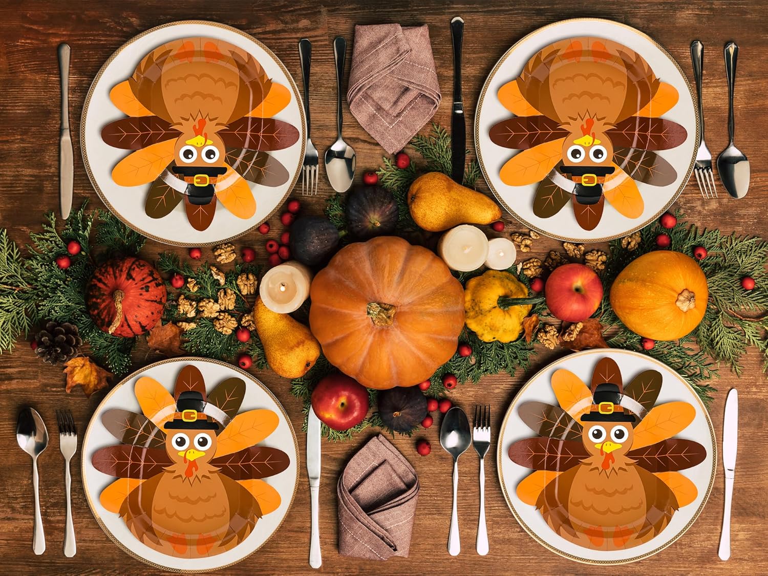 Whaline 24 platos de papel de Acción de Gracias, lindos platos desechables con forma de pavo, vajilla decorativa con patrón de pavo para otoño,