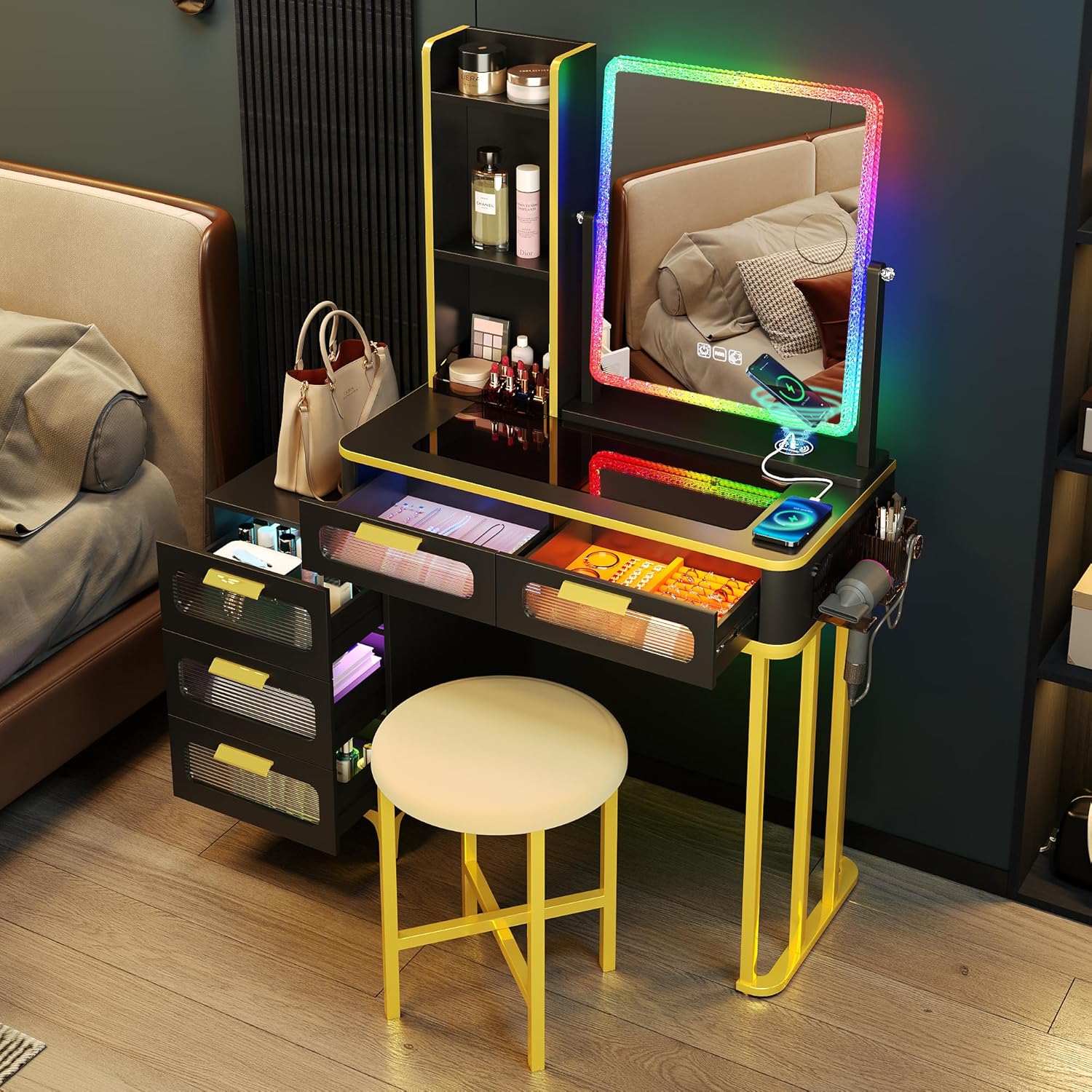 Escritorio de tocador con espejo y luces, mesa de tocador de cristal RGB para maquillaje con estación de carga inalámbrica, tocador para niñas y