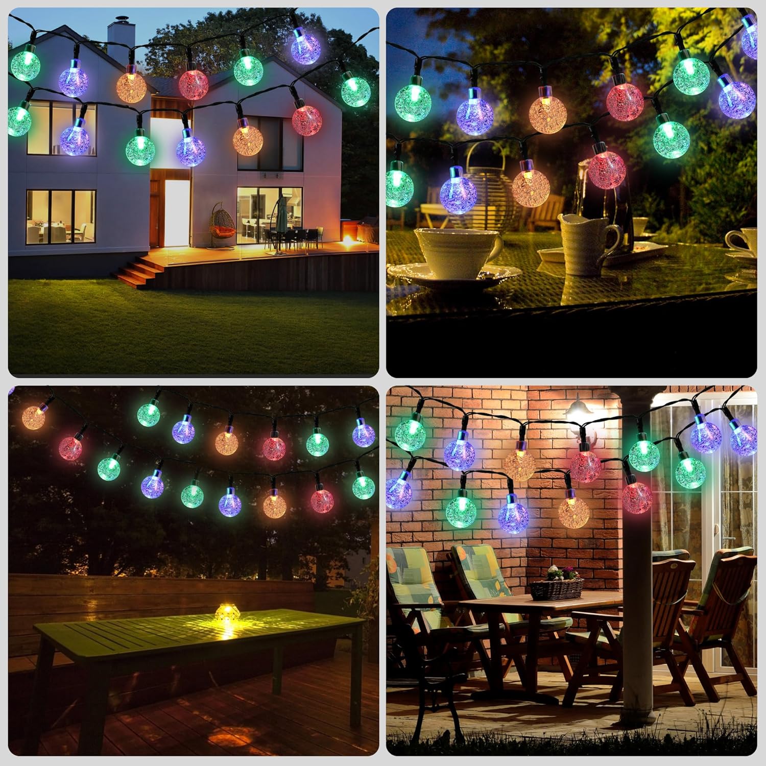 Guirnalda de luces solares para exteriores, 100 luces LED de 40 pies de globo de cristal multicolor, 8 modos, luces solares impermeables, para