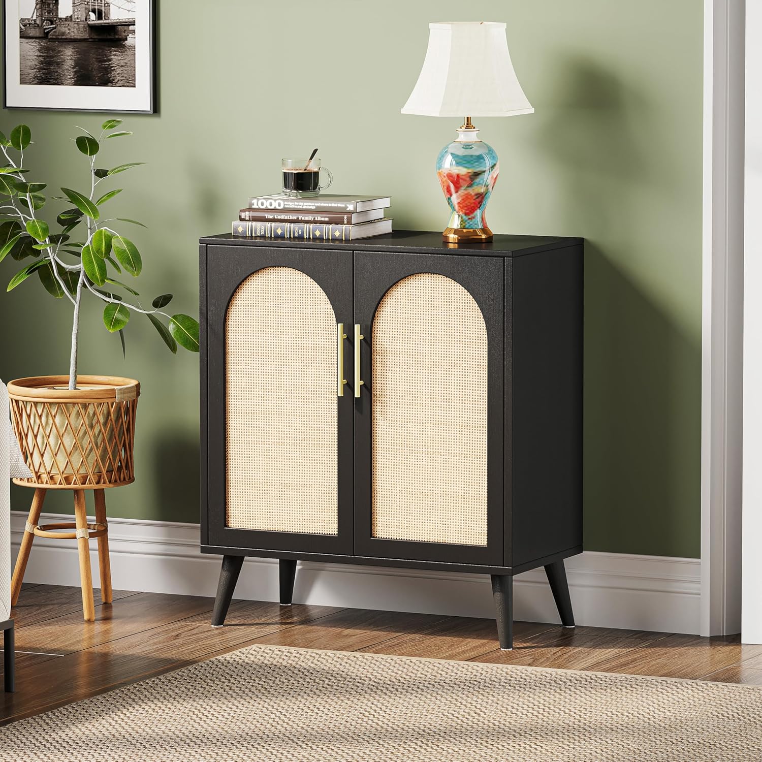 Rovaurx Gabinete de almacenamiento de ratán con puertas, gabinete de piso de baño de acento, armario de buffet moderno para sala de estar, entrada,