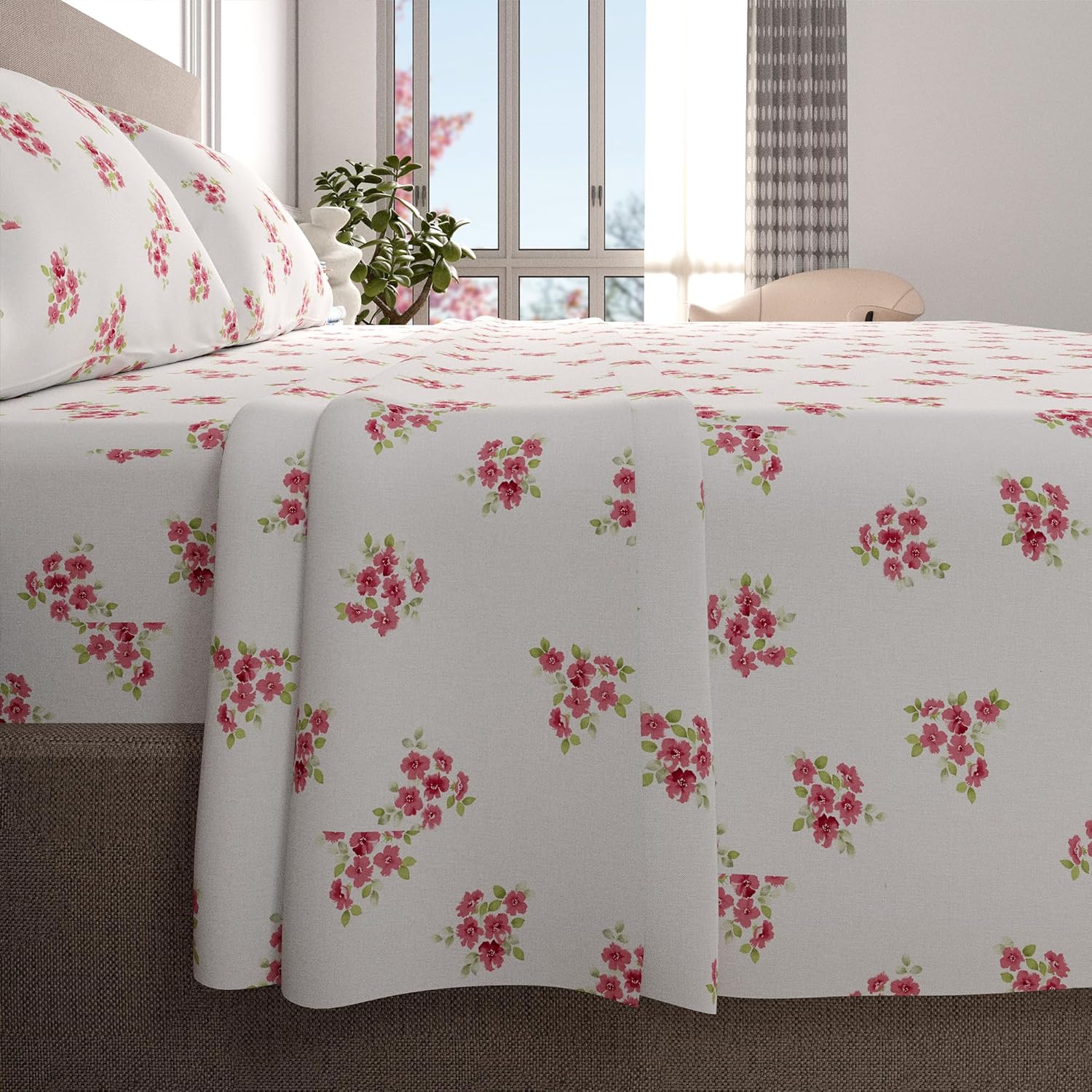 Color Sense Sábanas ricas de algodón percal para hotel, sábanas de tamaño Queen con estampado floral rosa, resistentes a las arrugas, cepilladas
