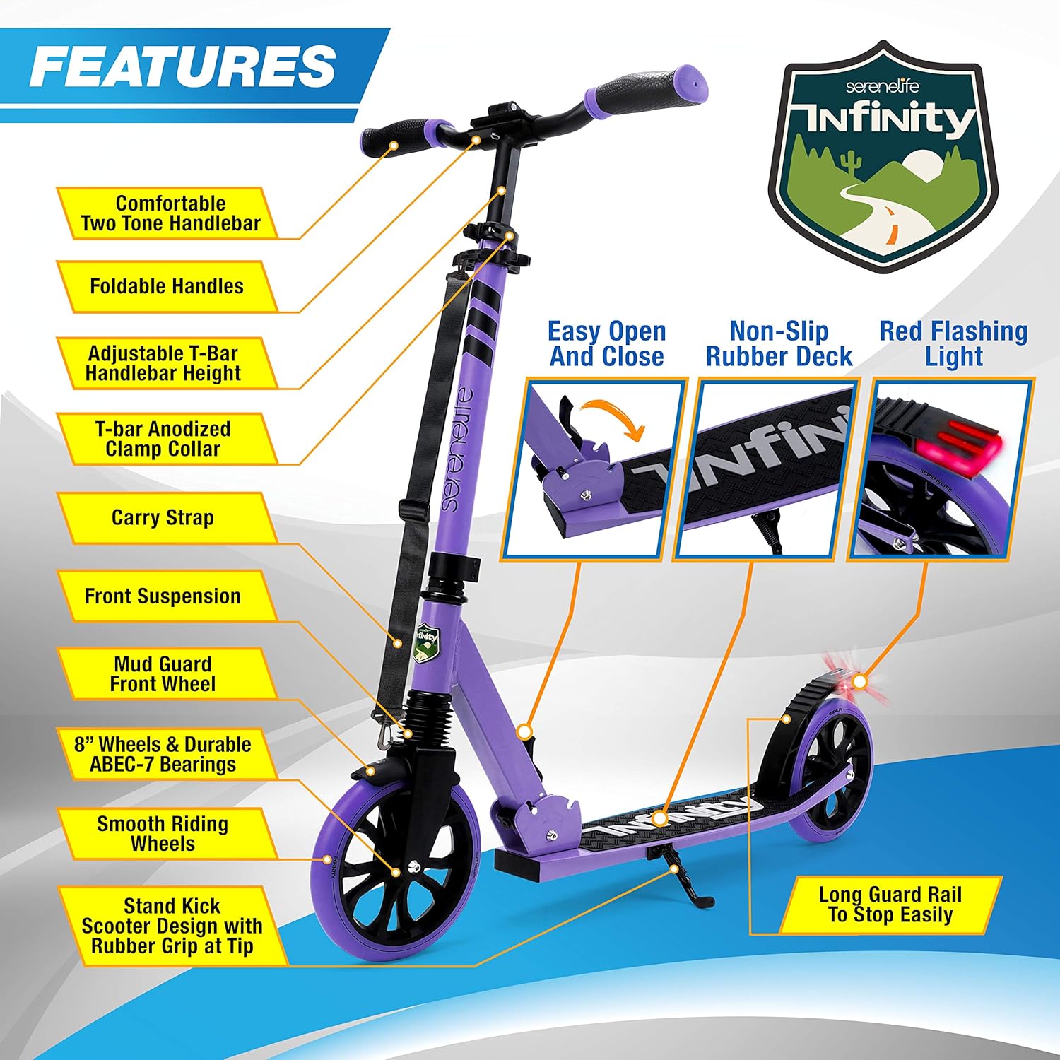 SereneLife Patinete plegable para adolescentes y adultos con agarre de goma en la punta, cubierta de aleación y navaja A5 LUX Kick Scooter – Rosa –