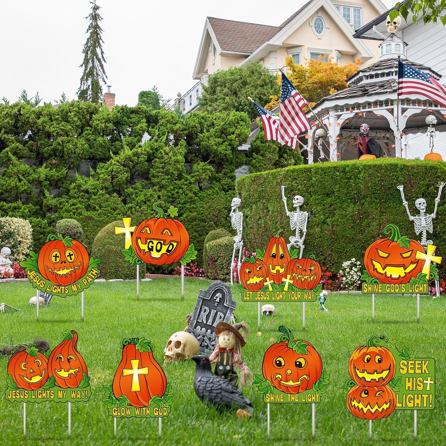 8 letreros luminosos de calabaza cristiana para jardín con estacas que brillan en la oscuridad para Halloween, espeluznante calabaza, césped,