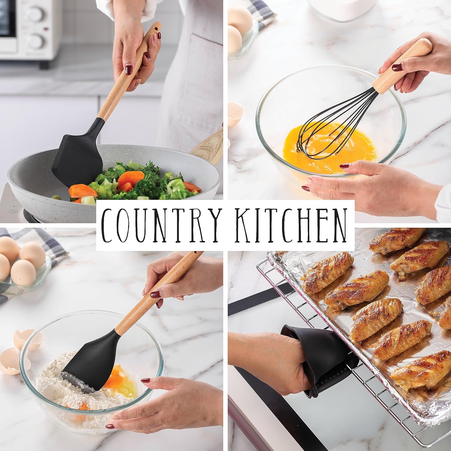 Country Kitchen Juego de utensilios de cocina  Juego de 38 espátulas de silicona antiadherentes con soporte, asas de madera y utensilios resistentes