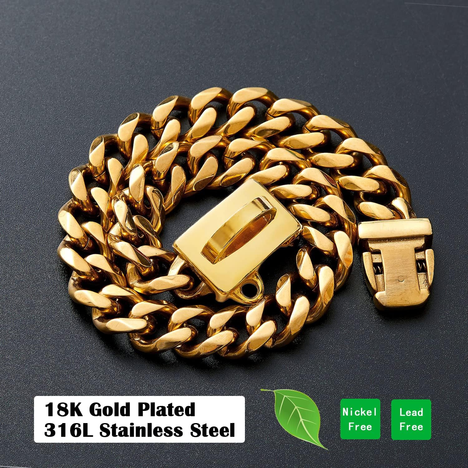 Collar de cadena de oro para perro, chapado en oro de 18 quilates, cadena de eslabones cubanos de acero inoxidable para perros medianos (longitud –