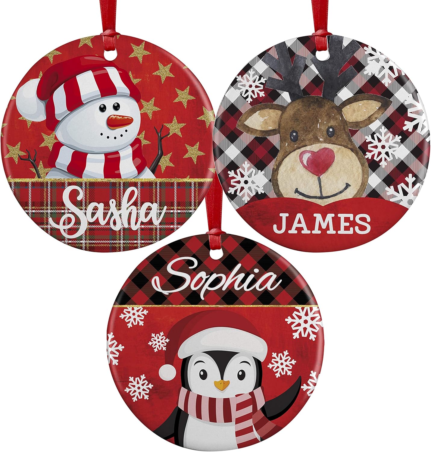 Juego de 3, adorno de Navidad personalizado con nombre, 9 diseños, 12 fuentes, cerámica personalizada de 3 pulgadas, adorno de Navidad redondo 2023