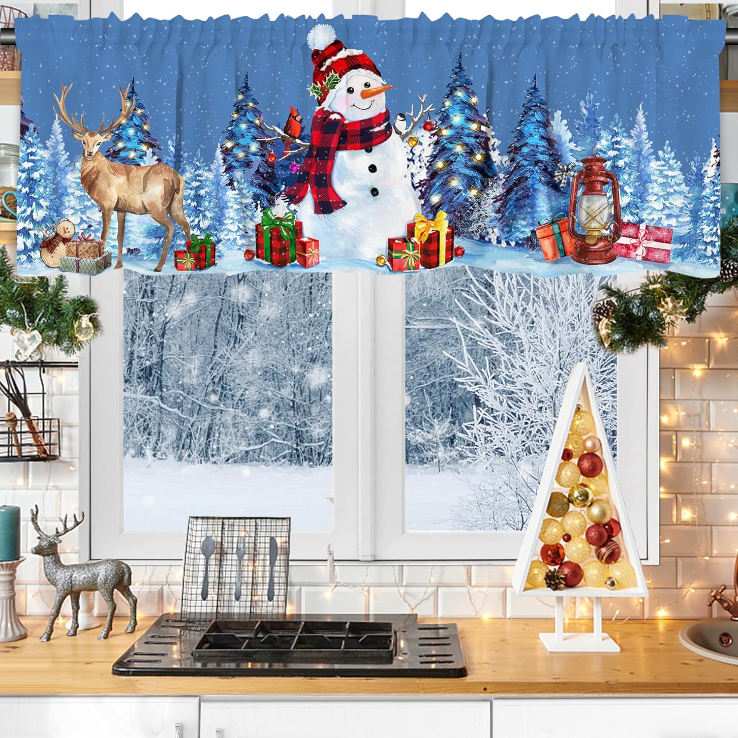 Cortina de cenefa de Navidad de muñeco de nieve para cocina, 18 x 54 pulgadas, decoración de ventana de cocina, cenefas de invierno de ciervos para