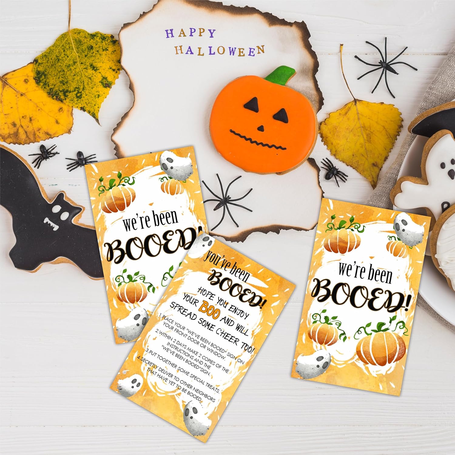 Juego de fiesta de Halloween  You’ve Been Booed, We Been Booed!  Juego de 50 tarjetas de juego de calabazas de doble cara y fantasma, recuerdos de