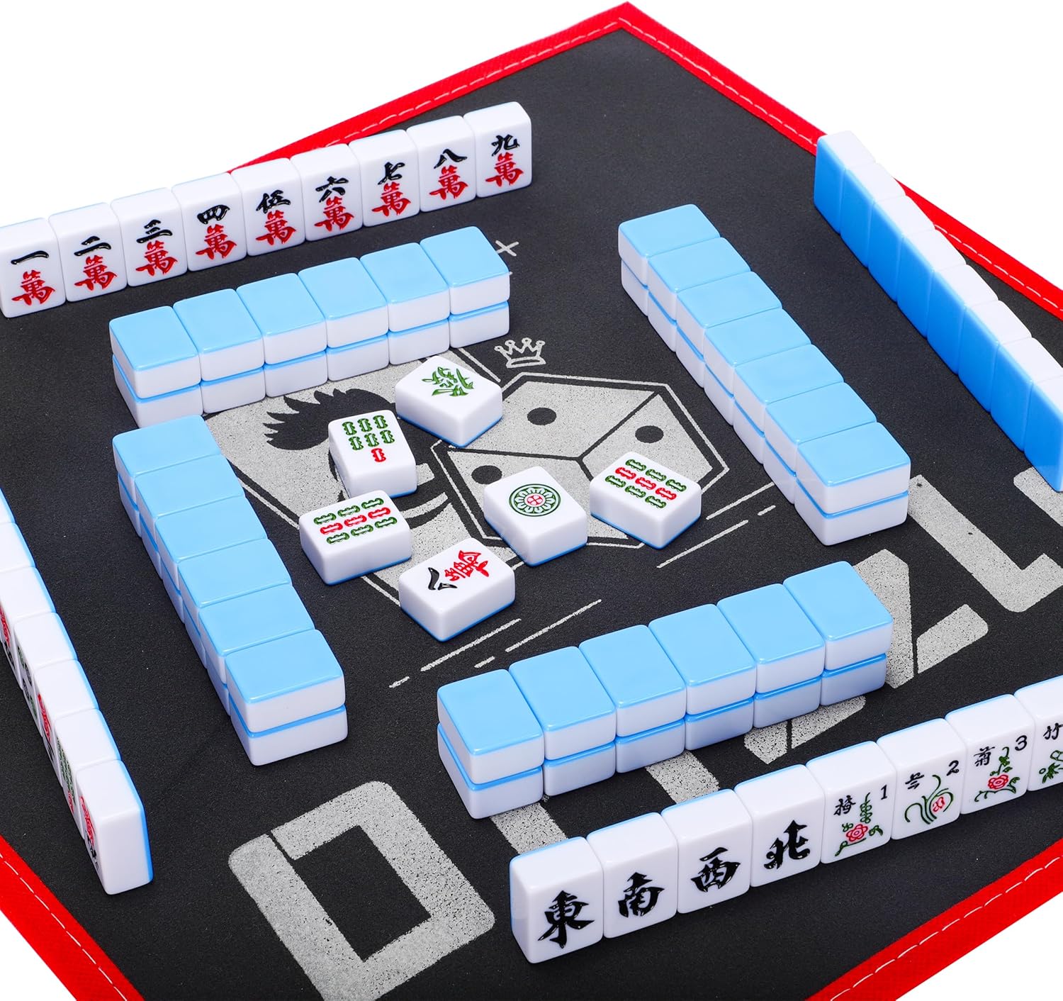 drizzle Juego de mahjong de 1.181 in azul  144 azulejos de tamaño mediano con bolsa de panda y bastidores  Juego de mesa tradicional chino  Fiesta