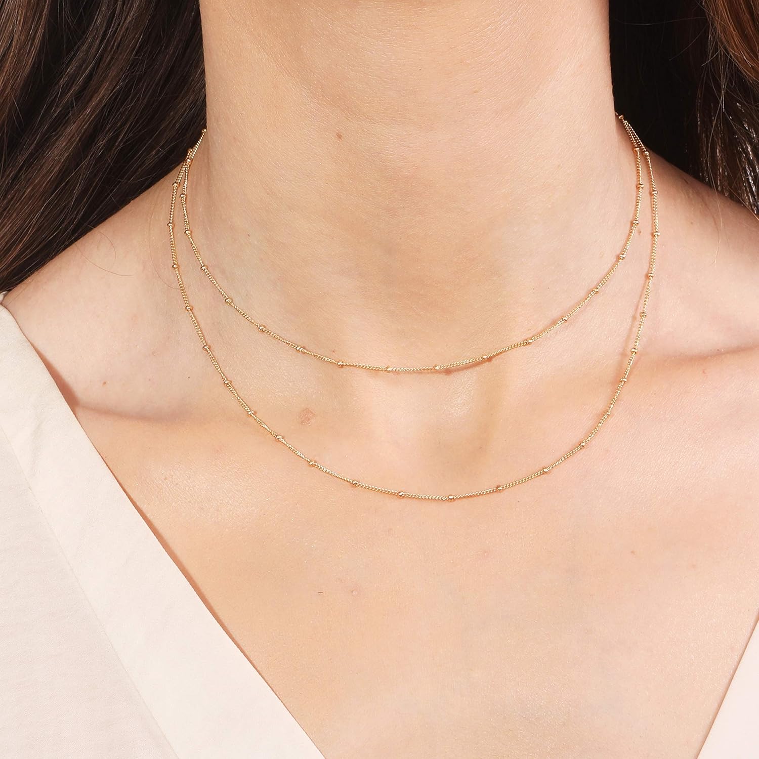 Dainty Double Chain Layered Necklace Women Choker Satellite Handmade Gold Jewelry 16″+extension