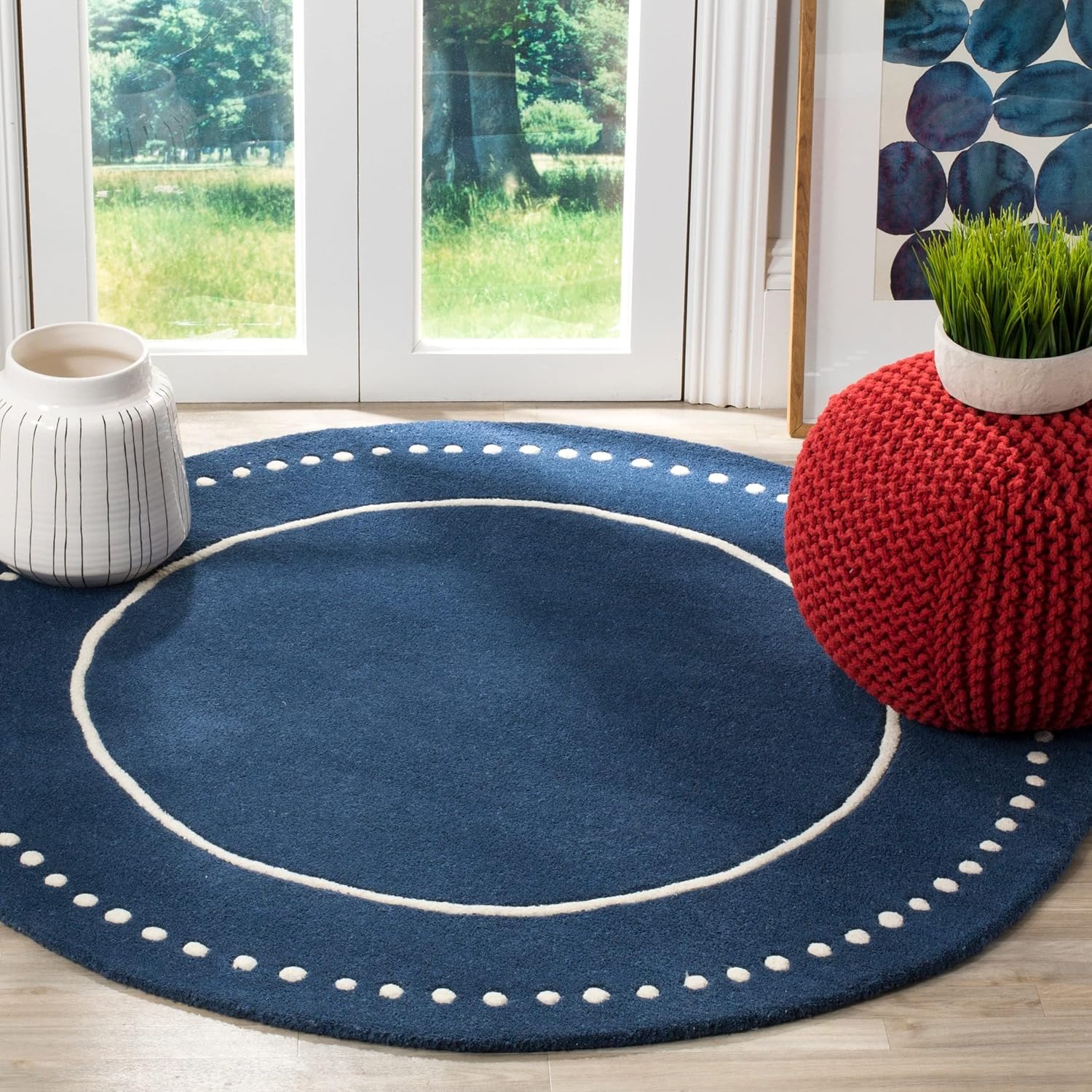 SAFAVIEH Bella Collection – Alfombra cuadrada de 7 pies, color negro y marfil, borde de lana punteada hecha a mano, ideal para zonas de alto tráfico