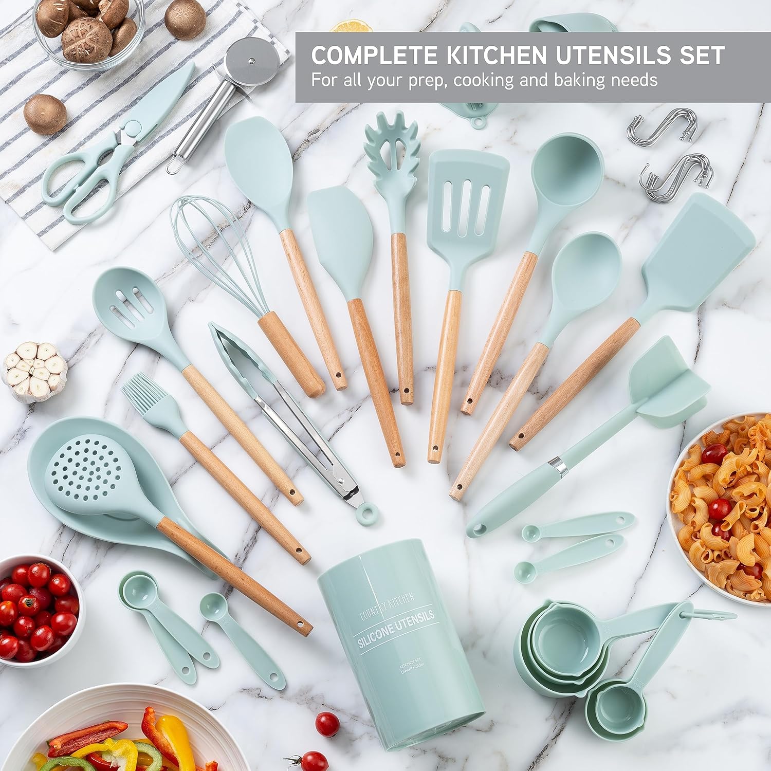 Country Kitchen Juego de utensilios de cocina  Juego de 38 espátulas de silicona antiadherentes con soporte, asas de madera y utensilios resistentes