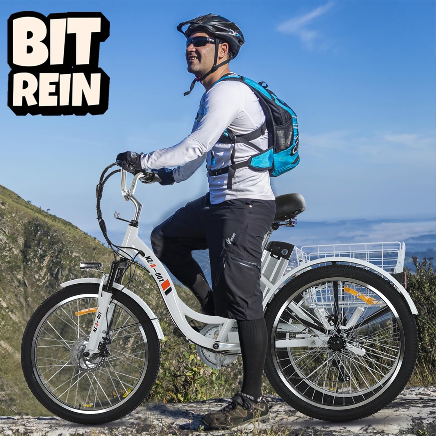 Bitrein Triciclo eléctrico de 24 pulgadas Bicicleta eléctrica 350W Motor sin escobillas delantero 48V 13AH batería de iones de litio extraíble