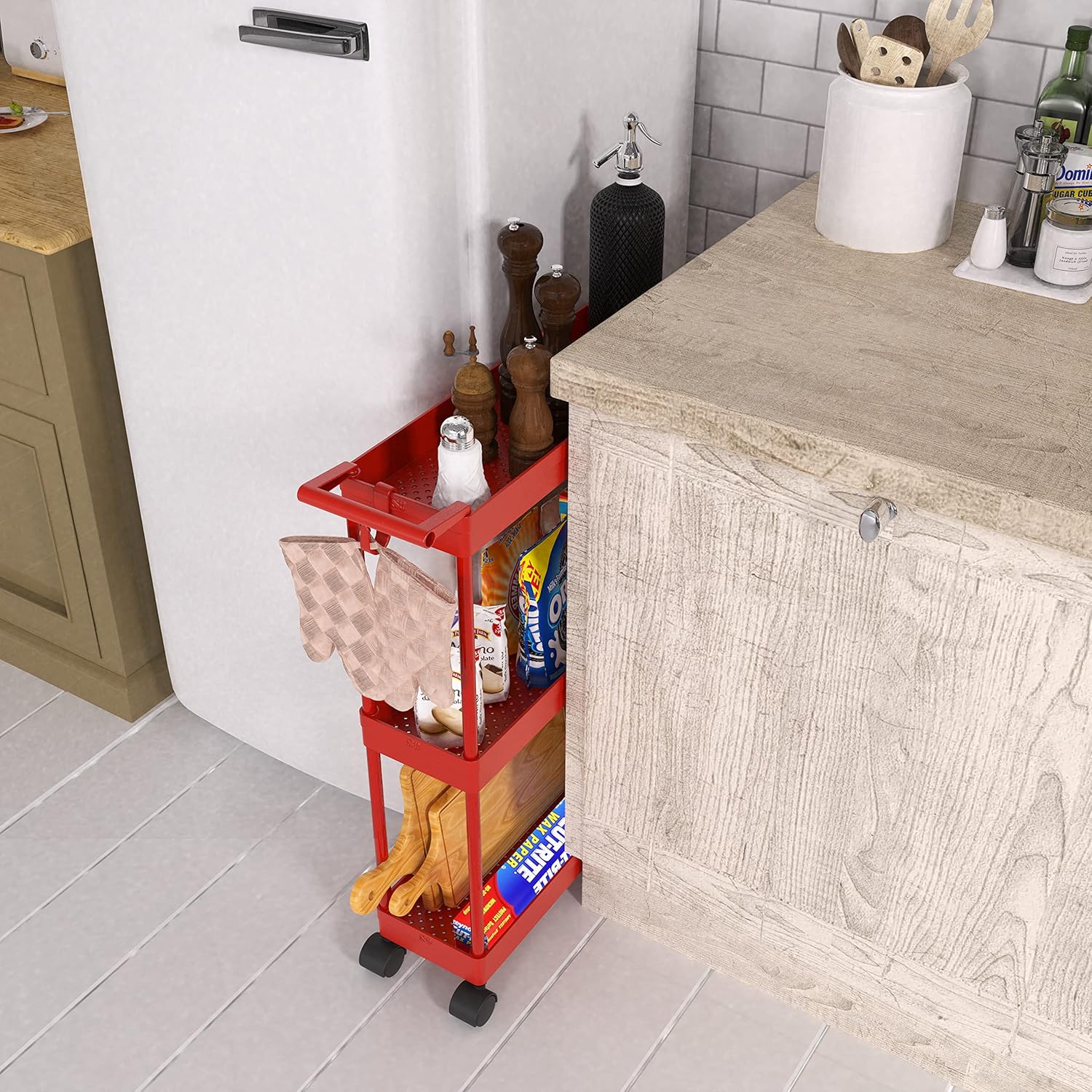 Simple Houseware Carrito de cocina de almacenamiento de 3 niveles delgadossúper estrechos estantes con asa, 26.5 pulgadas de altura5.5 pulgadas de