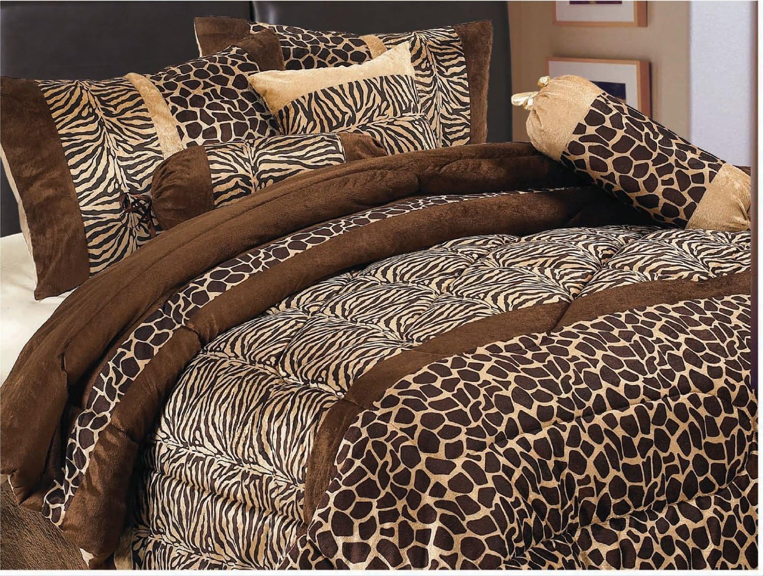 Juego de cama de safari marrón en una bolsa con estampado animal de cebra, juego de edredón de jirafa, tamaño doble, queen, king y California king