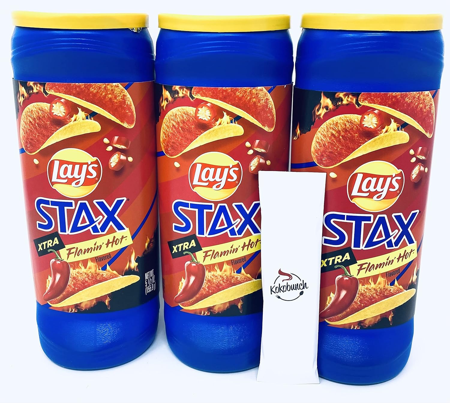 Lays Stax Extra Flamin Papas fritas con sabor caliente con kit Kokobunch 3 PACK