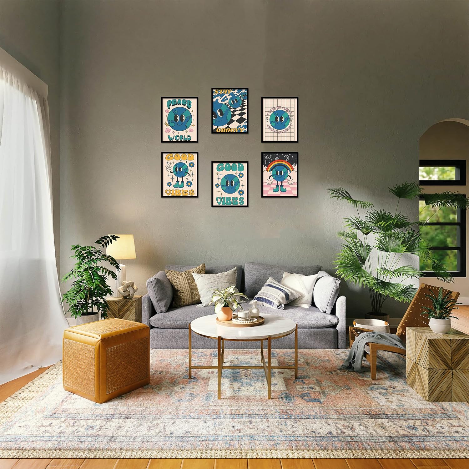 Juego de 6 impresiones de arte hippie para pared, estilo vintage, lienzo de flores hippie de los años 60 y 70, pósteres retro, abstracto,