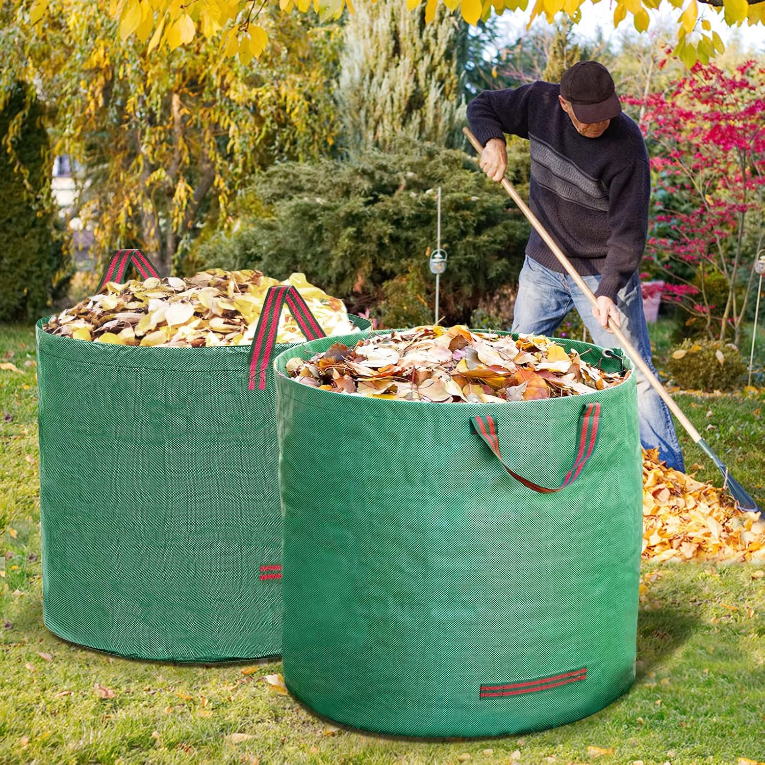 IWNTWY Paquete de 2 bolsas de 32 galones, bolsas de basura reutilizables para patio, bolsas de césped plegables resistentes con 4 asas, bolsa de
