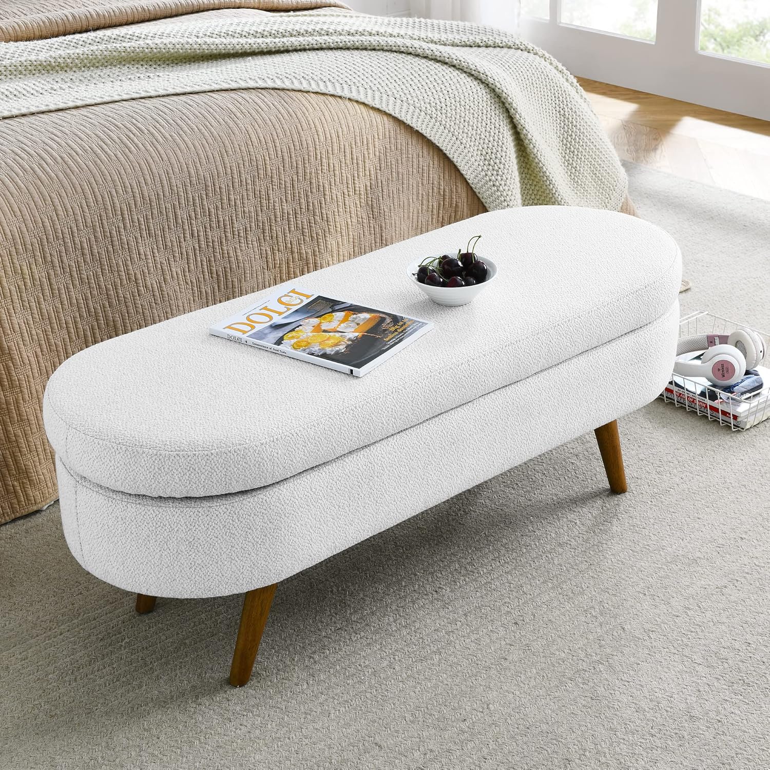 Linen Upholstery Tufted Storage Bench Ottoman for End of Bed Home Entryway Living Space, Soft Padded Oval Storage&Bench Footstool with Rubber Wood