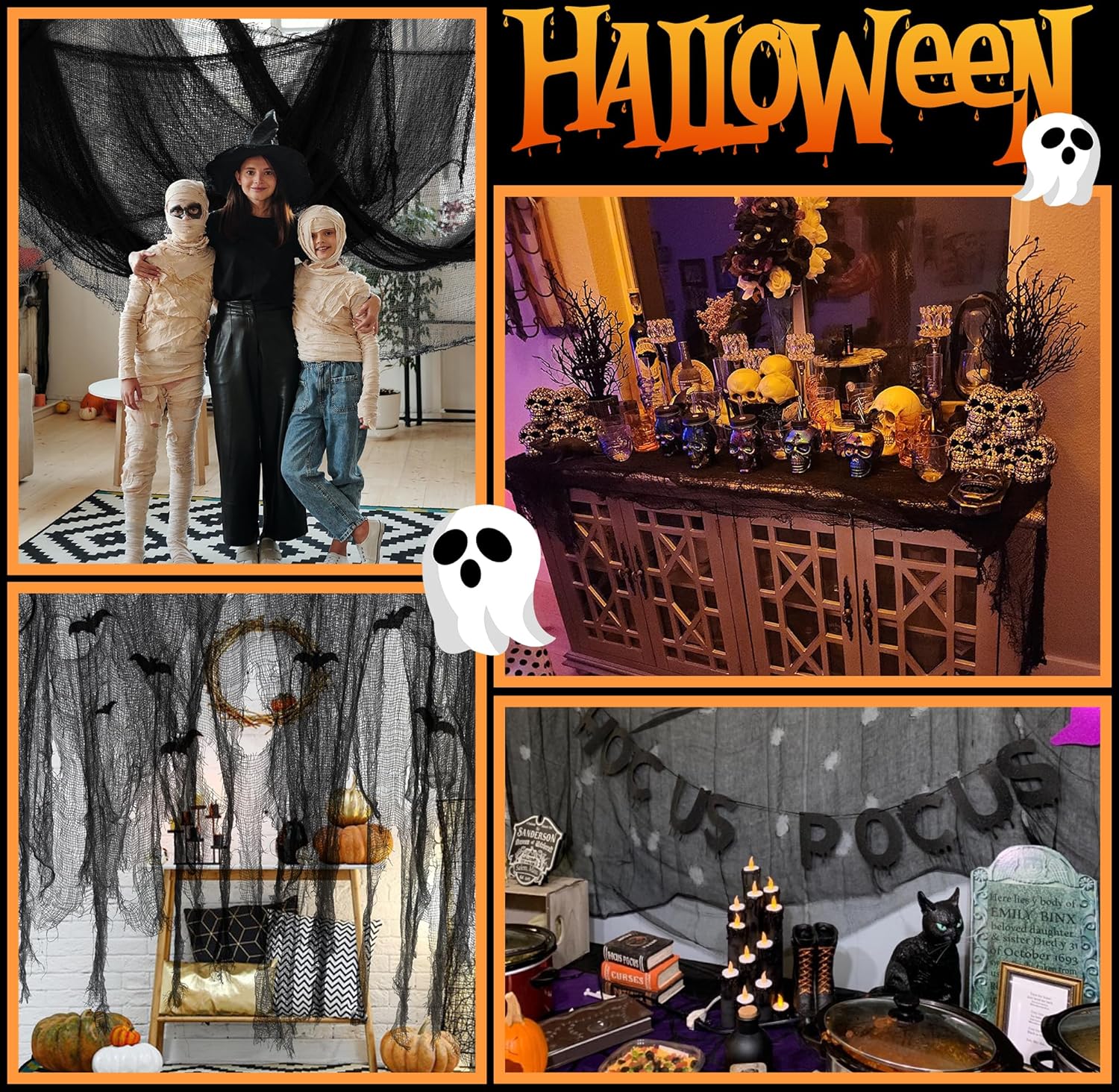 Tela espeluznante de Halloween de 315 x 84.6 pulgadas, tela espeluznante negra de Halloween, cubierta de gasa para puertas de ventanas para