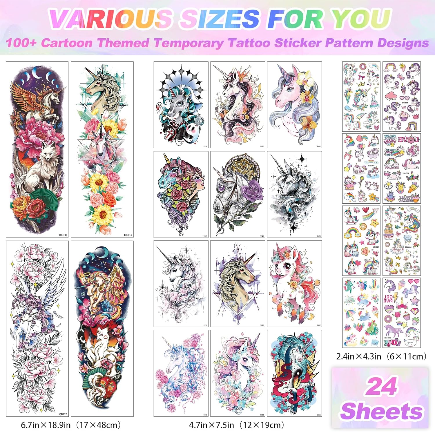 24 hojas de tatuajes falsos lindos para niñas, tatuaje colorido de medio brazo, tatuaje de manga, tatuajes pequeños, suministros de fiesta de