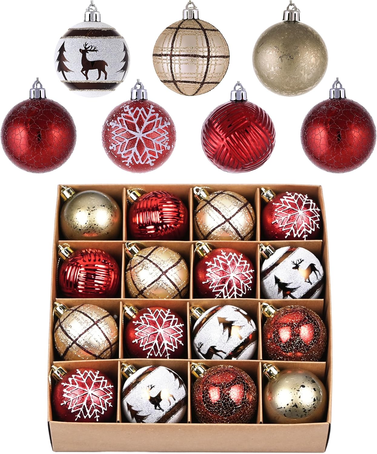 Valery Madelyn Adornos de bola de Navidad, juego de decoración de árbol de Navidad inastillable de cobre rojo y blanco de 16 quilates, adornos