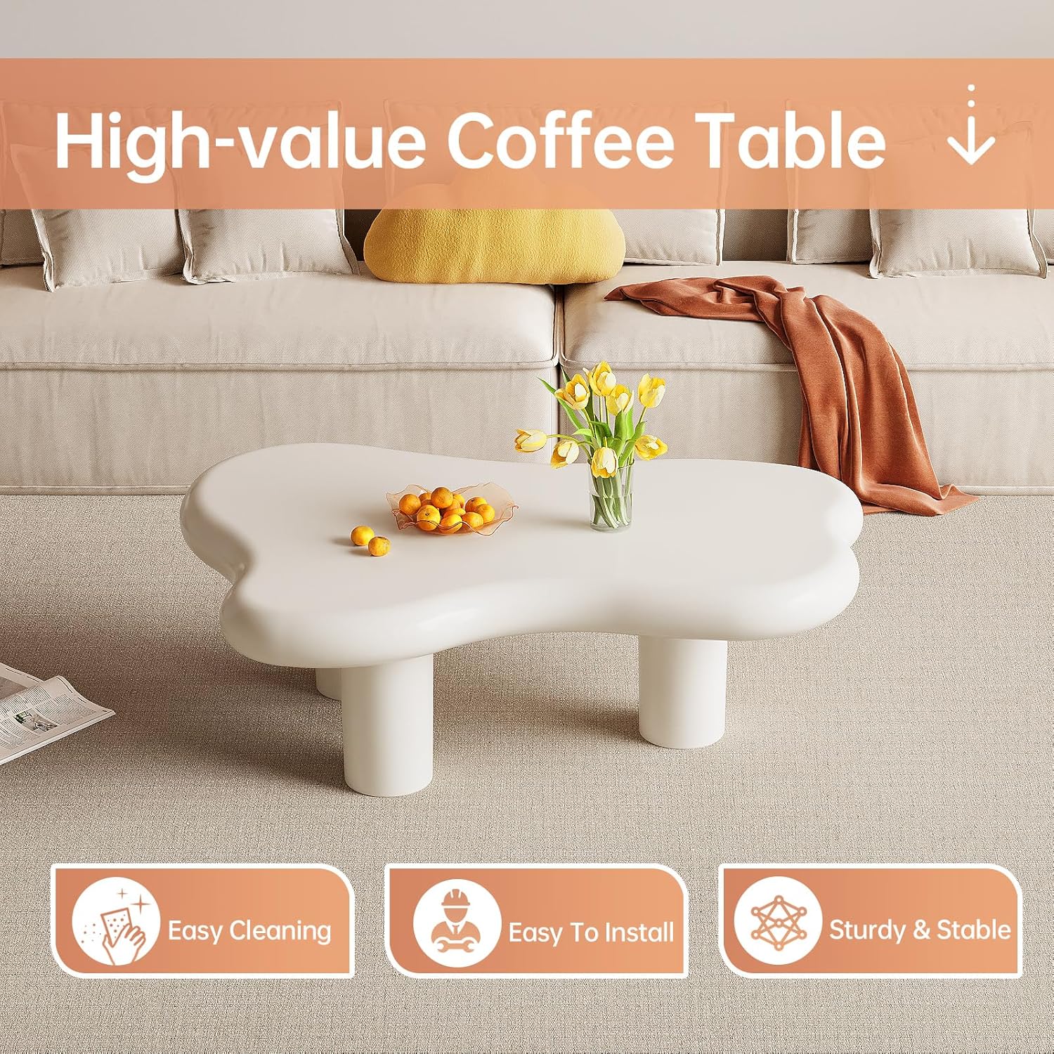 Mesa auxiliar blanca crema, mesa central baja de forma irregular, mesa auxiliar única para sala de estar, estilo nórdico moderno, lindo, mesa