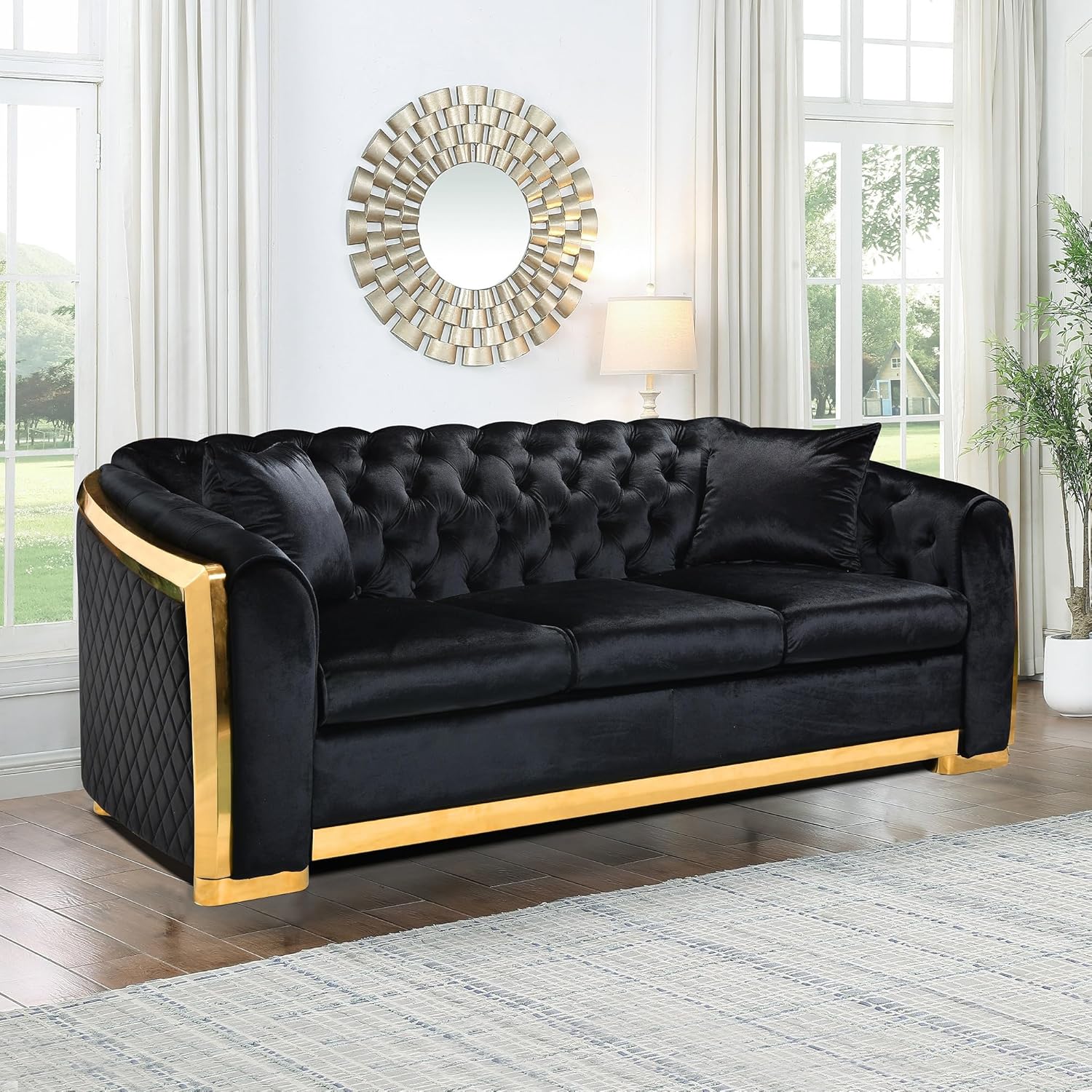 Anwick Sofá Chesterfield de terciopelo clásico de 3 plazas, sofá tapizado moderno con respaldo copetudo y dos almohadas para sala de estar y oficina