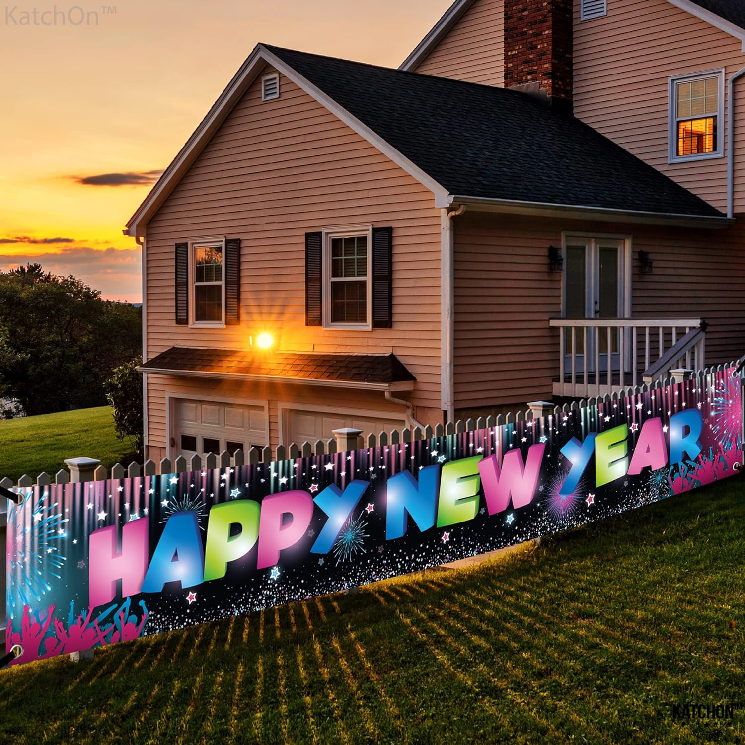 KatchOn, Cartel grande de feliz año nuevo  120 x 20 pulgadas  Cartel multicolor de feliz año nuevo  Cartel de Año Nuevo, suministros de fiesta de