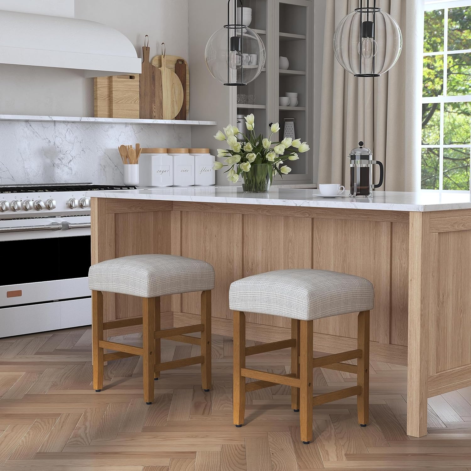 HomePop Home Decor – Taburete de bar clásico con respaldo abierto, altura de mostrador, 24 pulgadas, con cojín abovedado, patrón de mini rejilla