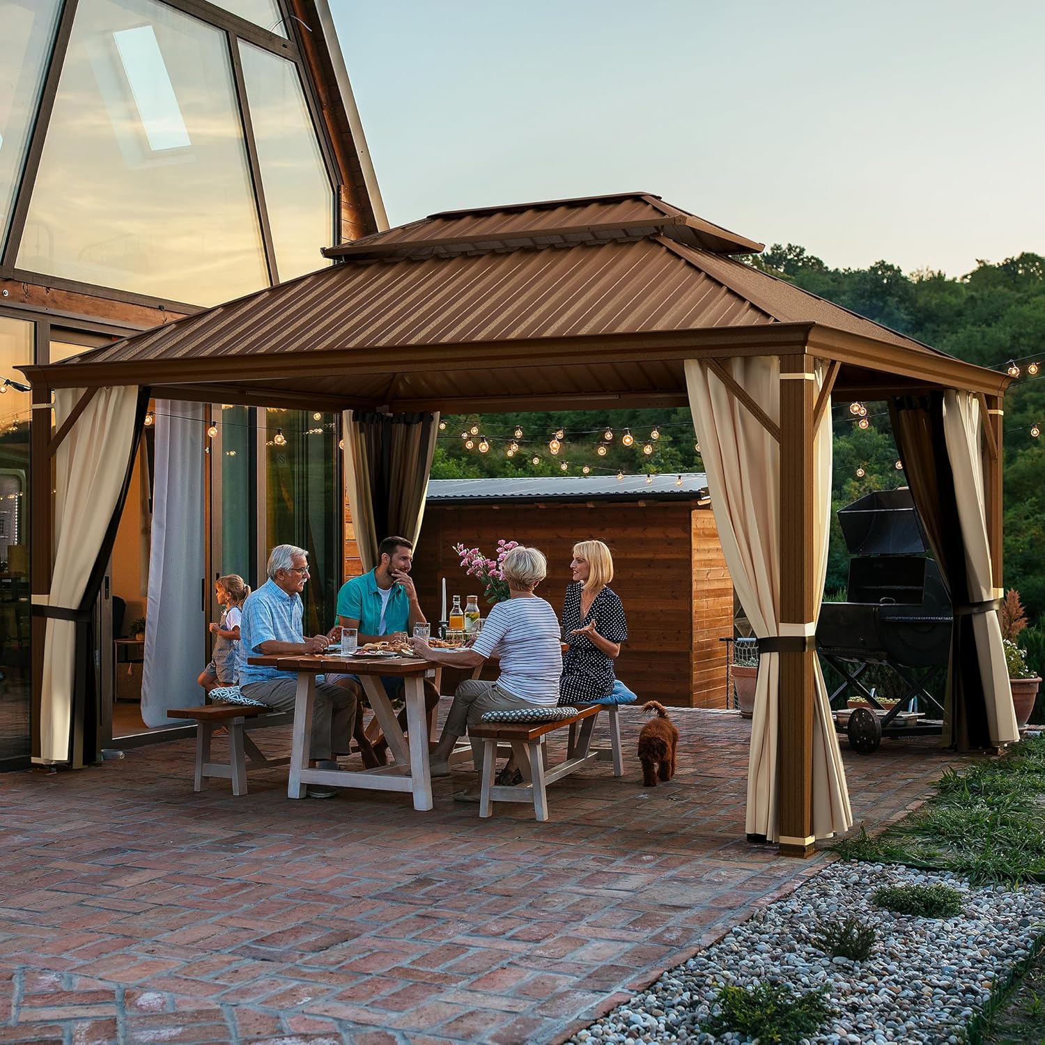 Gazebo de techo rígido de 12 x 16 pies con doble techo de acero, marco de aluminio con revestimiento antioxidante, pabellón impermeable permanente