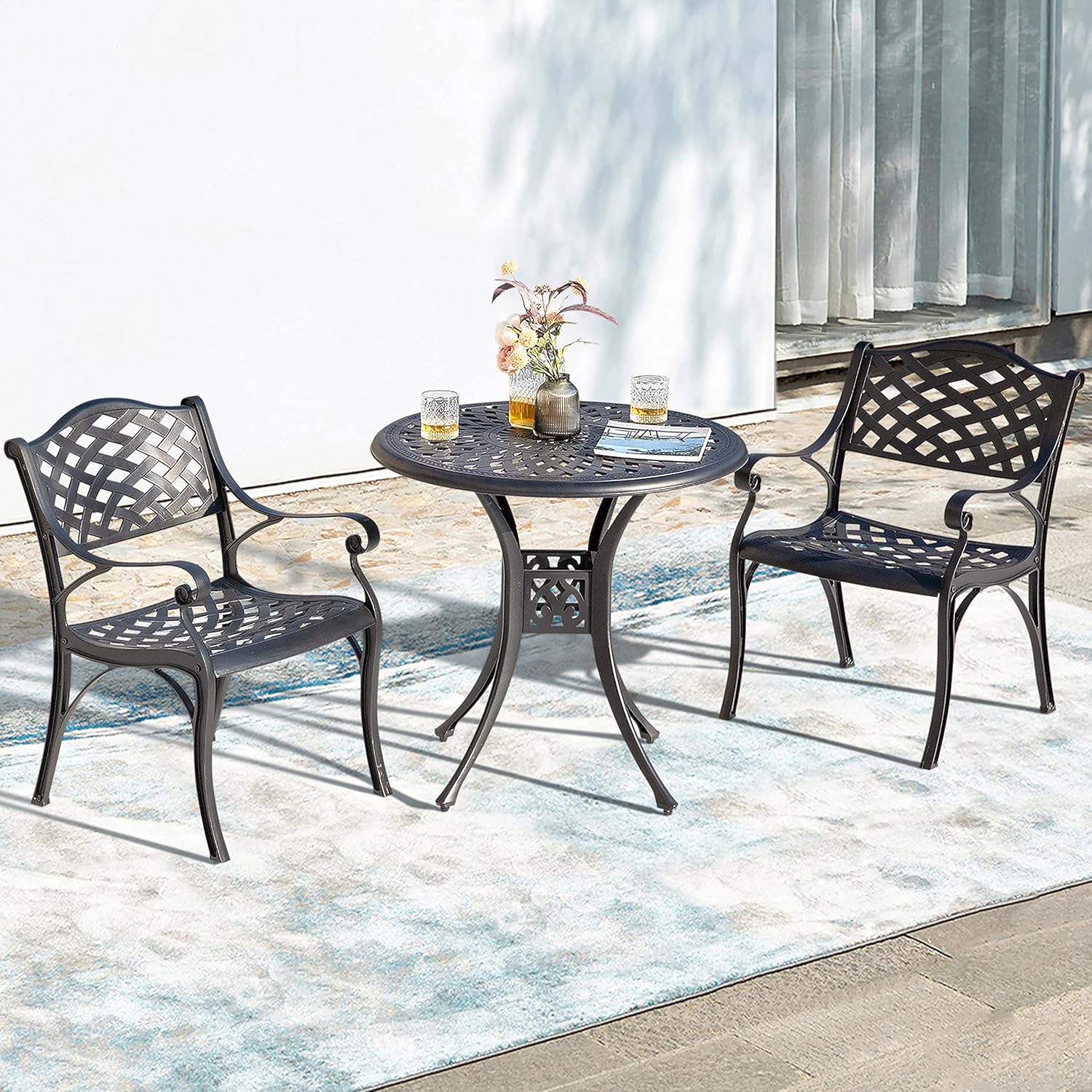 NUU GARDEN Juego de 2 sillas de comedor de aluminio, para interiores y exteriores, con brazos para jardín, patio, porche, color negro con motas