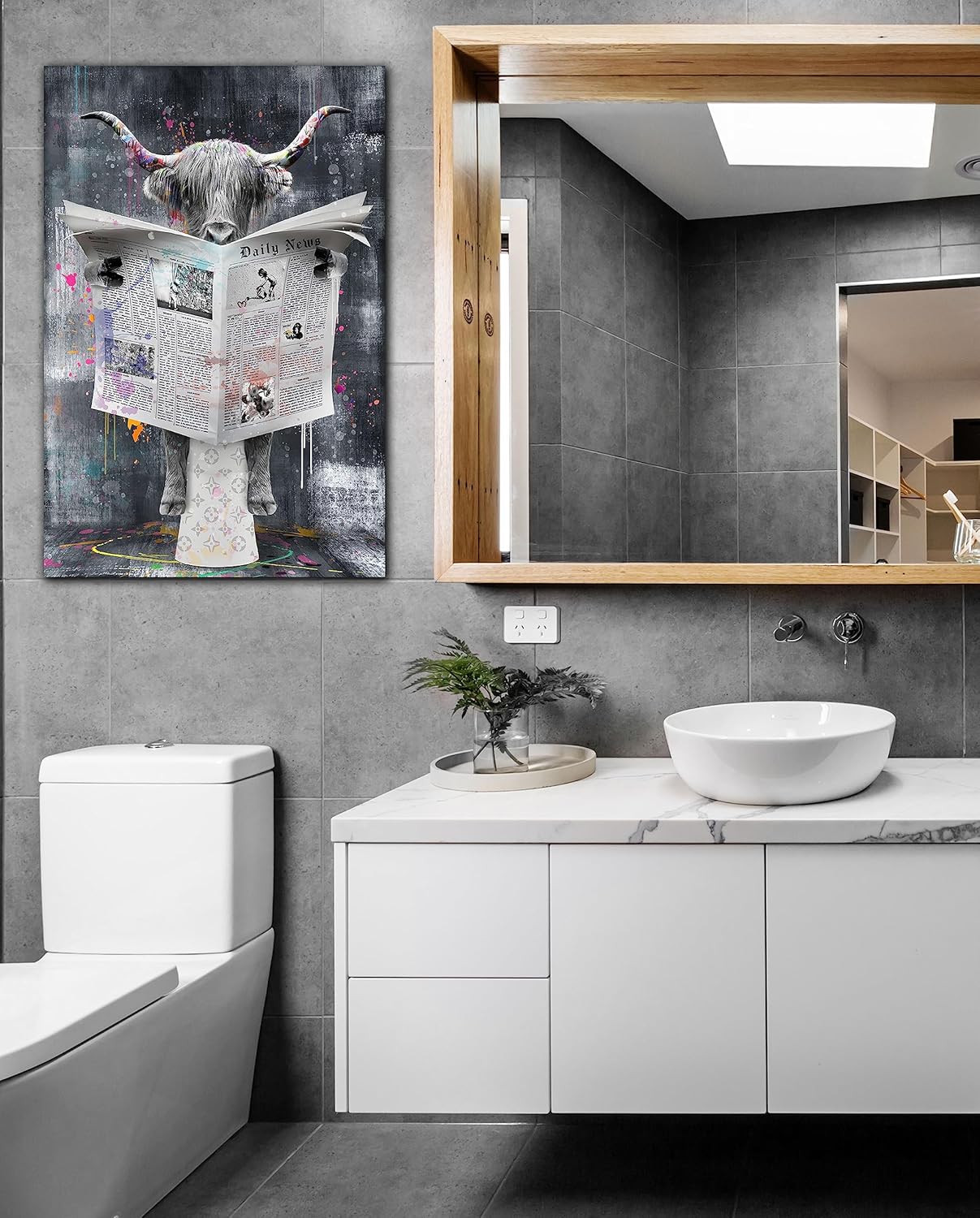 ZHAOSHOP Decoración de pared de vaca de las montañas, arte de pared para decoración de baño, lienzo blanco y negro para hombres, listo para colgar,
