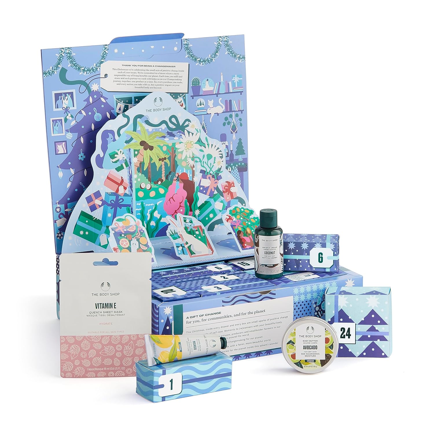 The Body Shop Calendario de Adviento de belleza navideña de 24 piezas, juego de regalo navideño de 24 piezas