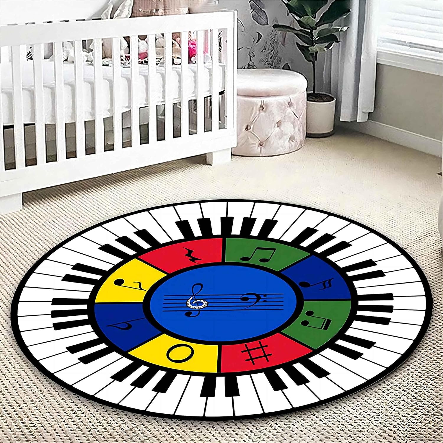 EXINBU Alfombra redonda de juego para niños, 3.3 pies, piano arcoíris, notas musicales, alfombra de área de guardería, alfombra de juego grande y