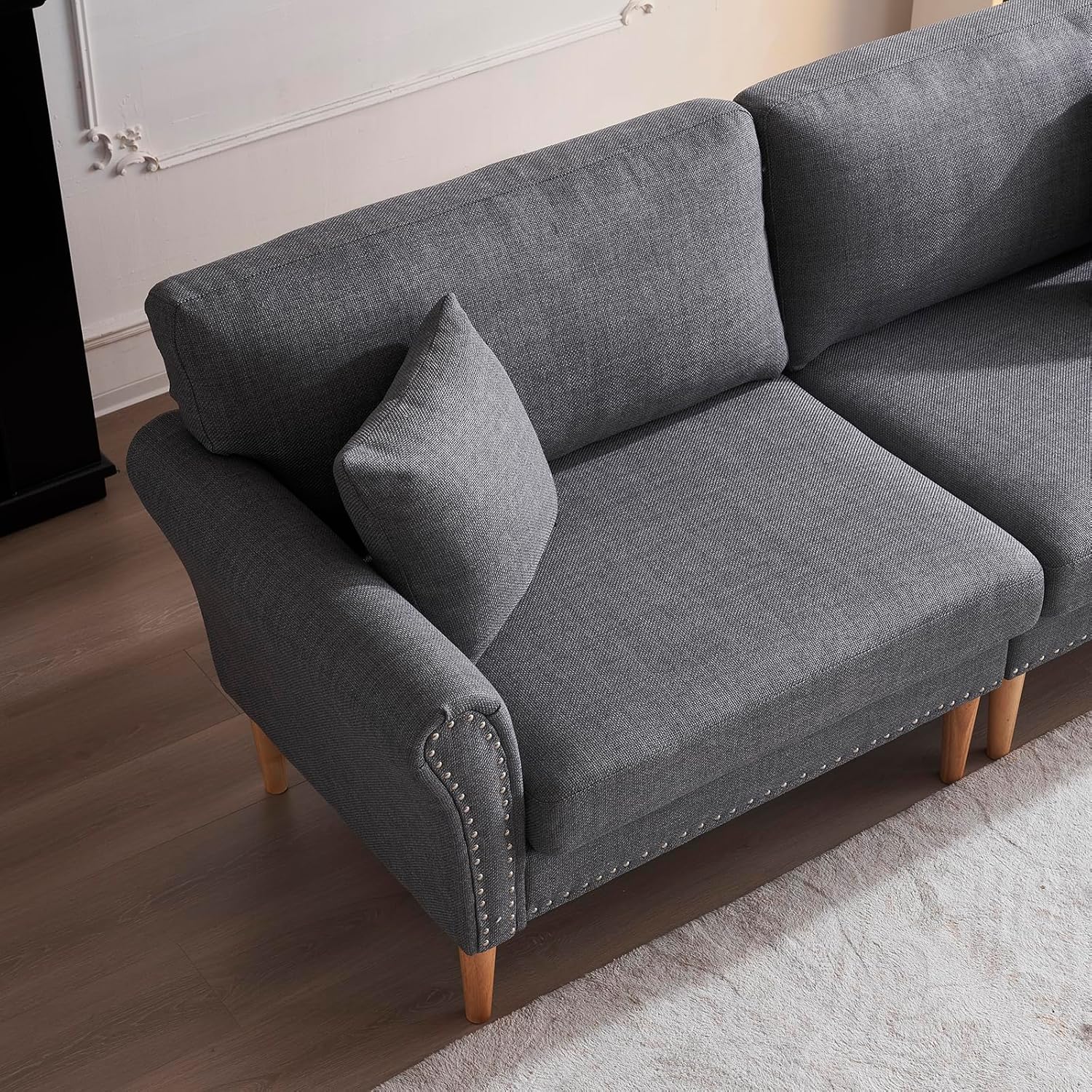 Sofá de arpillera, sofá pequeño de tela moderna, patas de madera maciza, sofás de 2 plazas con 2 almohadas, para sala de estar, dormitorio, oficina
