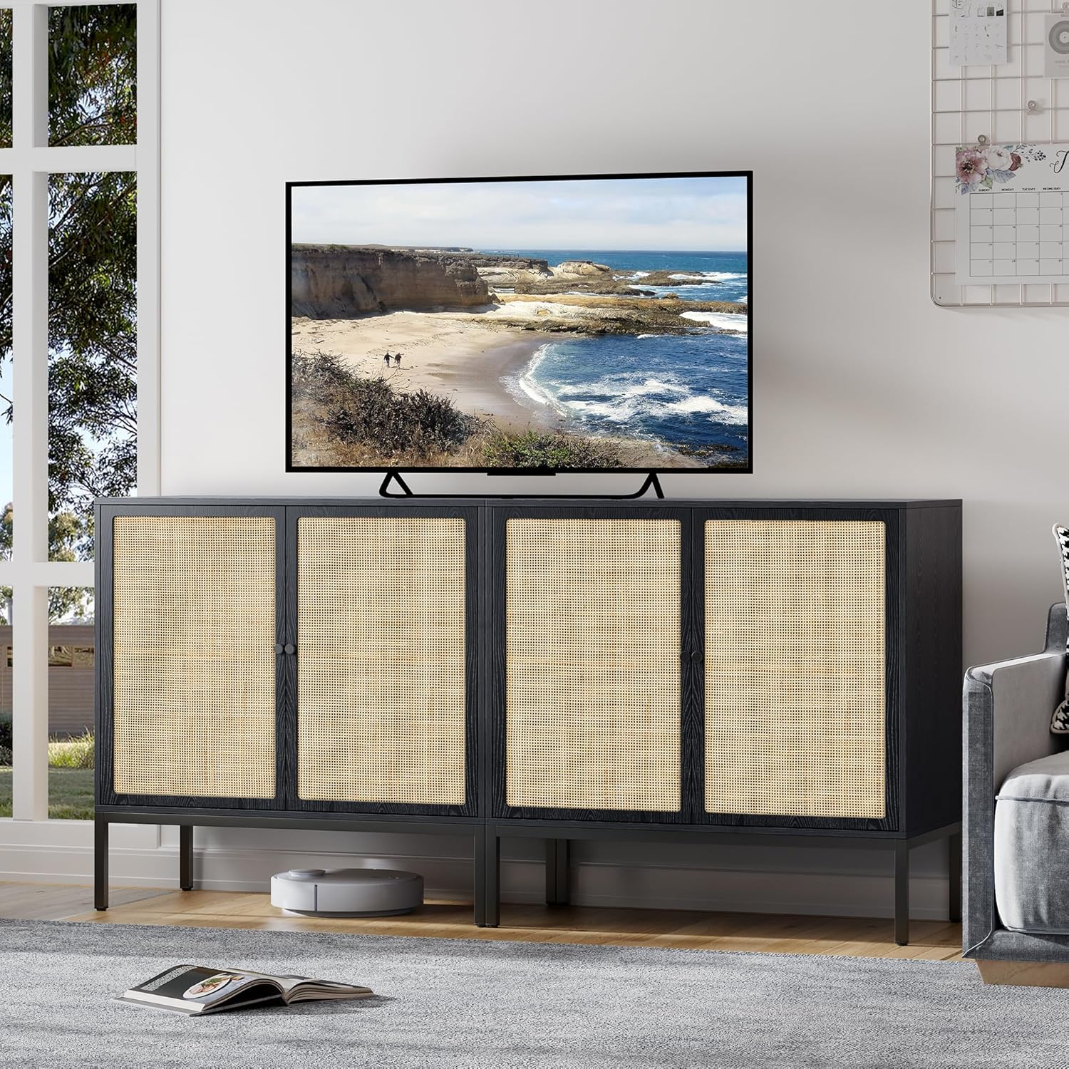 Brafab Juego de 2 gabinetes de ratán para bufé, aparador con puertas decoradas de ratán natural, gabinete de acento, para sala de estar, entrada,