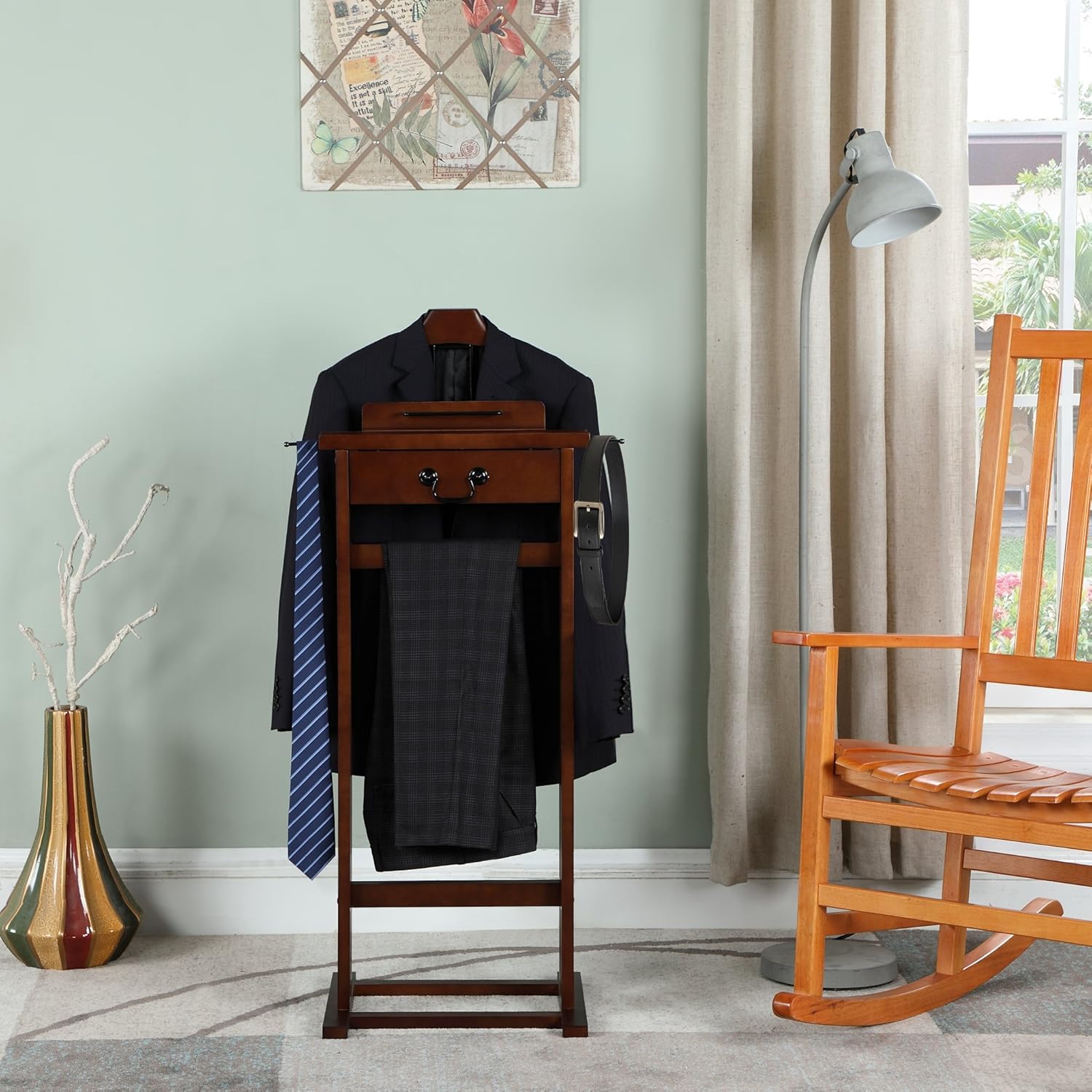 Proman Products Mission Wardrobe VL16188 – Soporte de valet de madera con cajón, colgador de contorno, barra para pantalones, ganchos para corbata y