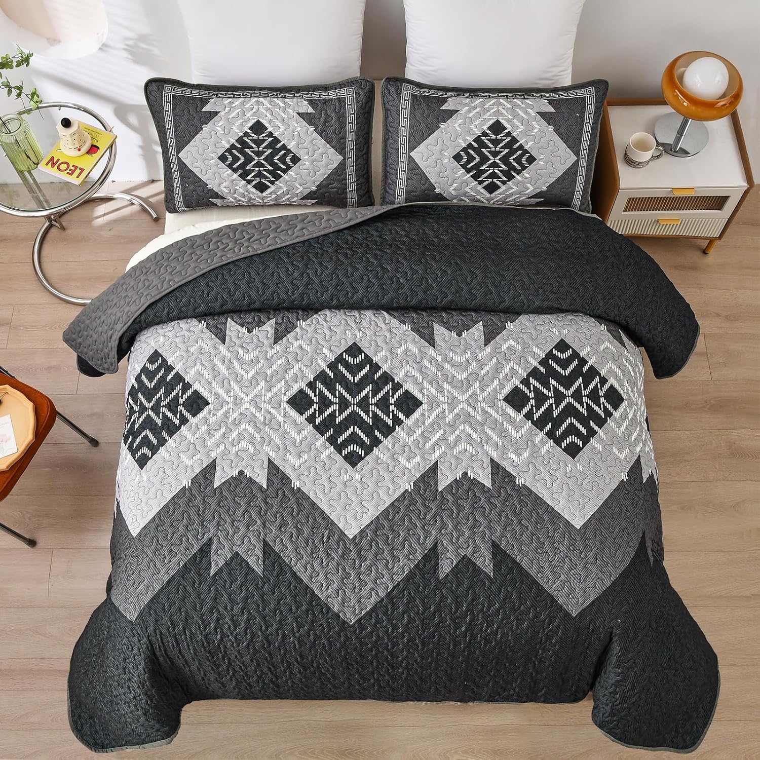 Dintszyayue Juego de edredón bohemio de 3 piezas, tamaño King, con textura azteca negro, gris, juego de ropa de cama bohemia de microfibra ligera