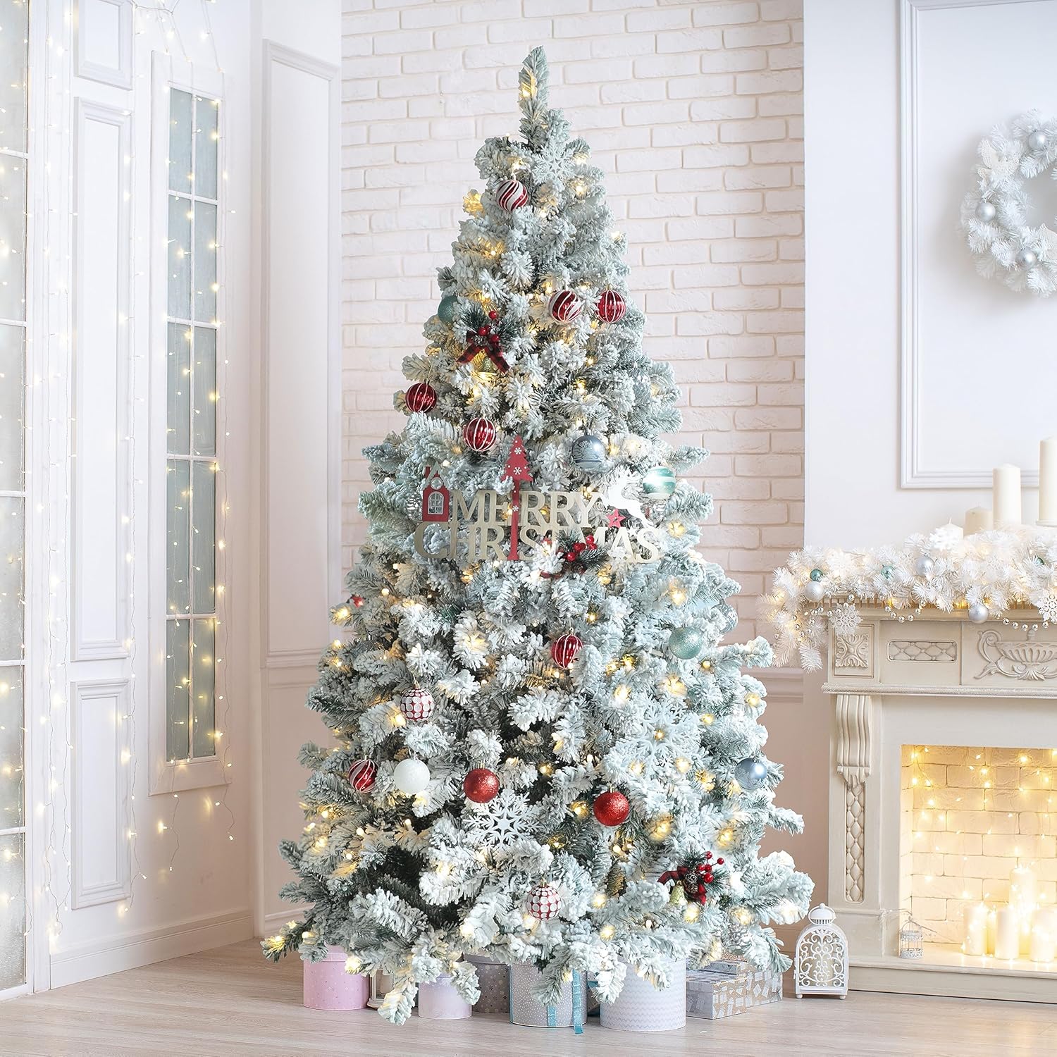 MUPATER Árbol de Navidad artificial de 8 pies, preiluminado con nieve flocada y soporte de metal, luces blancas cálidas, decoración navideña para el