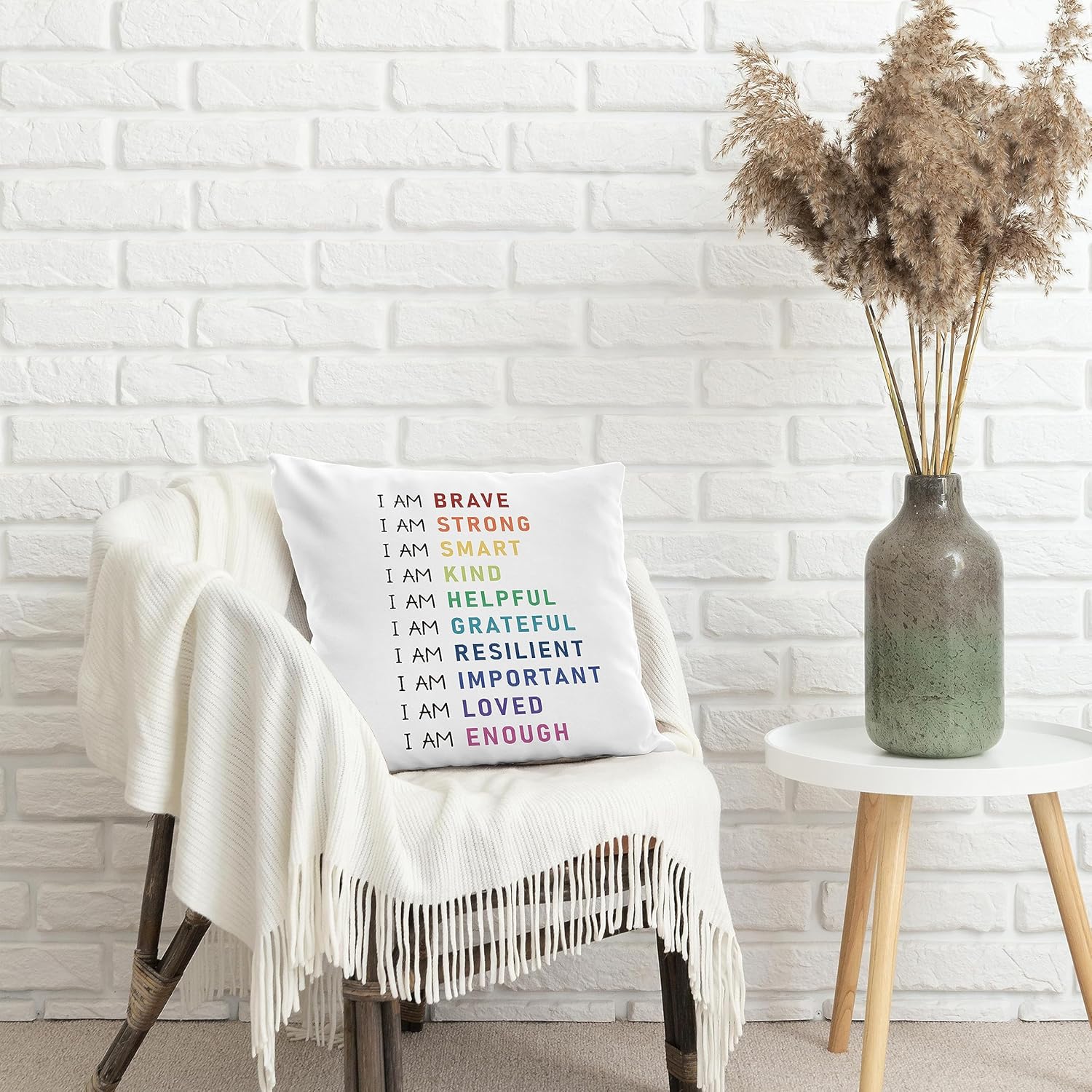 Funda de almohada de afirmaciones positivas de arcoíris de 18 x 18 pulgadas, funda de almohada decorativa inspiradora con texto en inglés “I am
