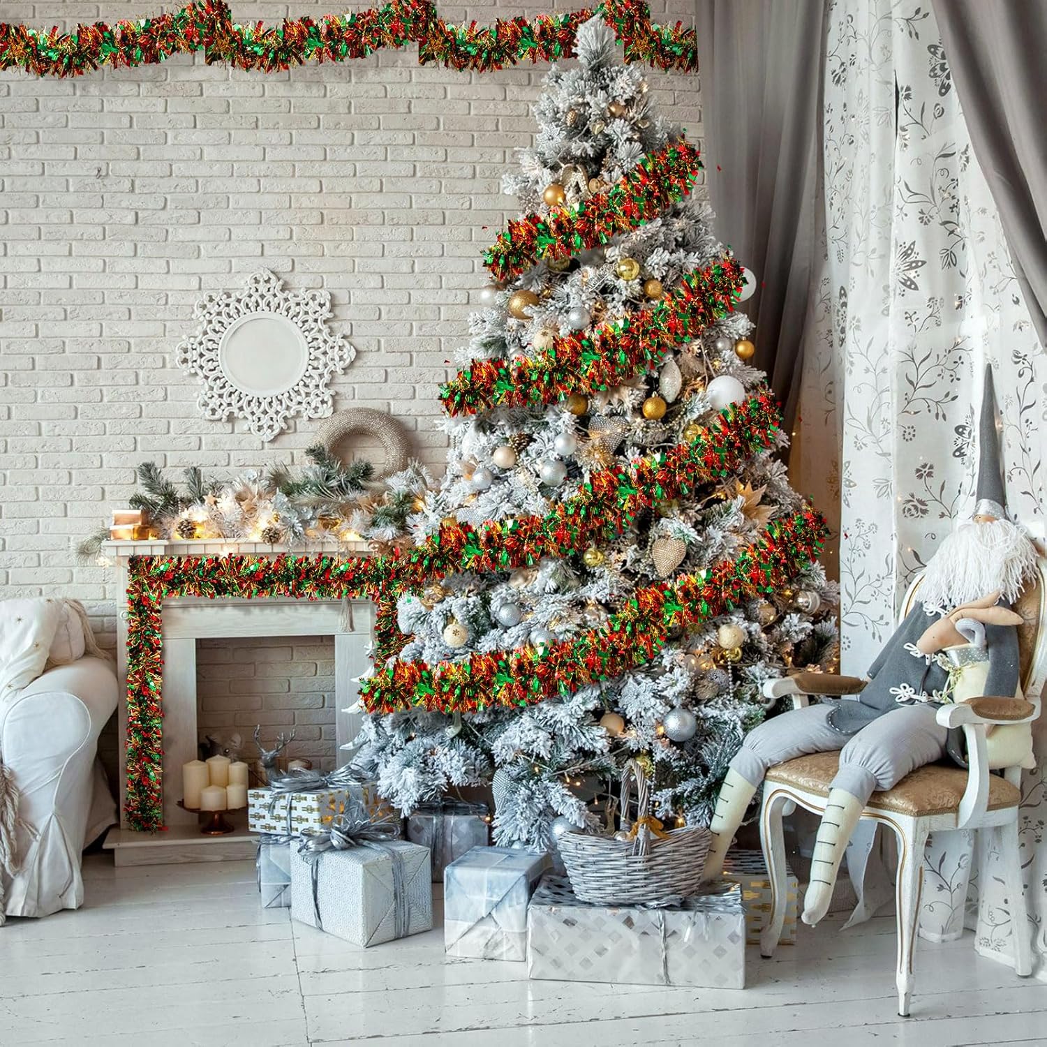Guirnalda de oropel de Navidad, guirnalda de Navidad artificial, guirnalda metálica para colgar en chimenea, mantel de chimenea, decoración de