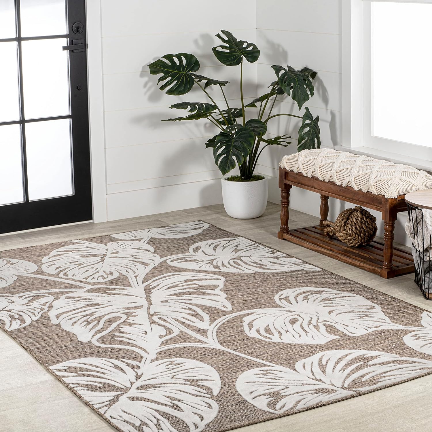 Eyely CWH100B-3 Hawaii Tobago – Alfombra de dos tonos con hoja de Monstera para interiores y exteriores, bohemia moderna, para dormitorio, cocina,