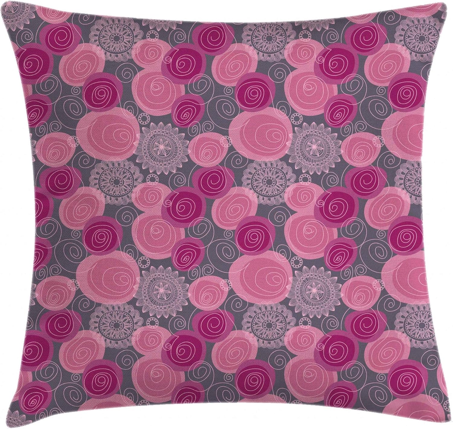 Ambesonne Funda de cojín rosa y gris, estilo garabato, diseño de flores circulares arremolinadas, floración ornamental, funda de almohada decorativa