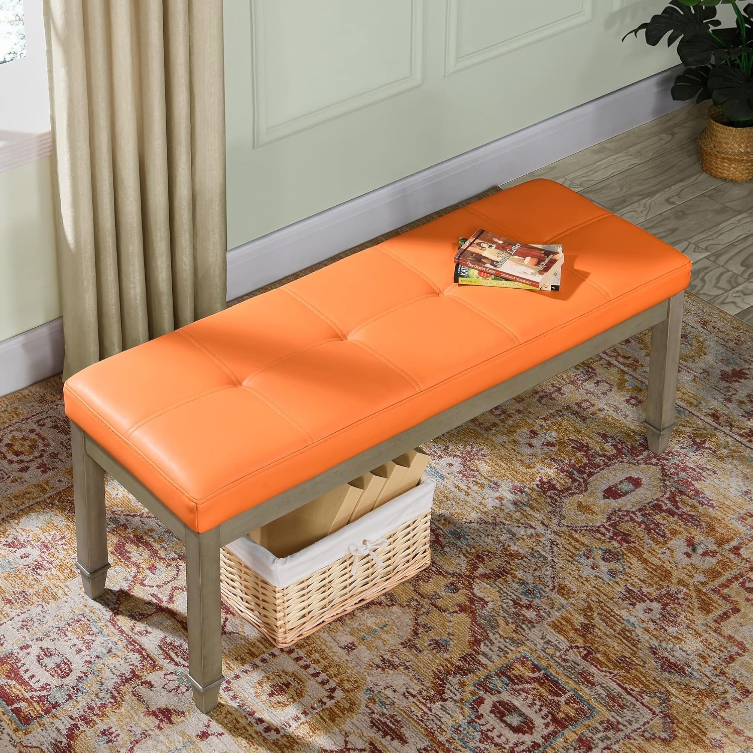 Banco vintage con asiento acolchado y patas de madera de álamo, banco de entrada tapizado de cuero copetudo de 45.3 pulgadas y banco de comedor,