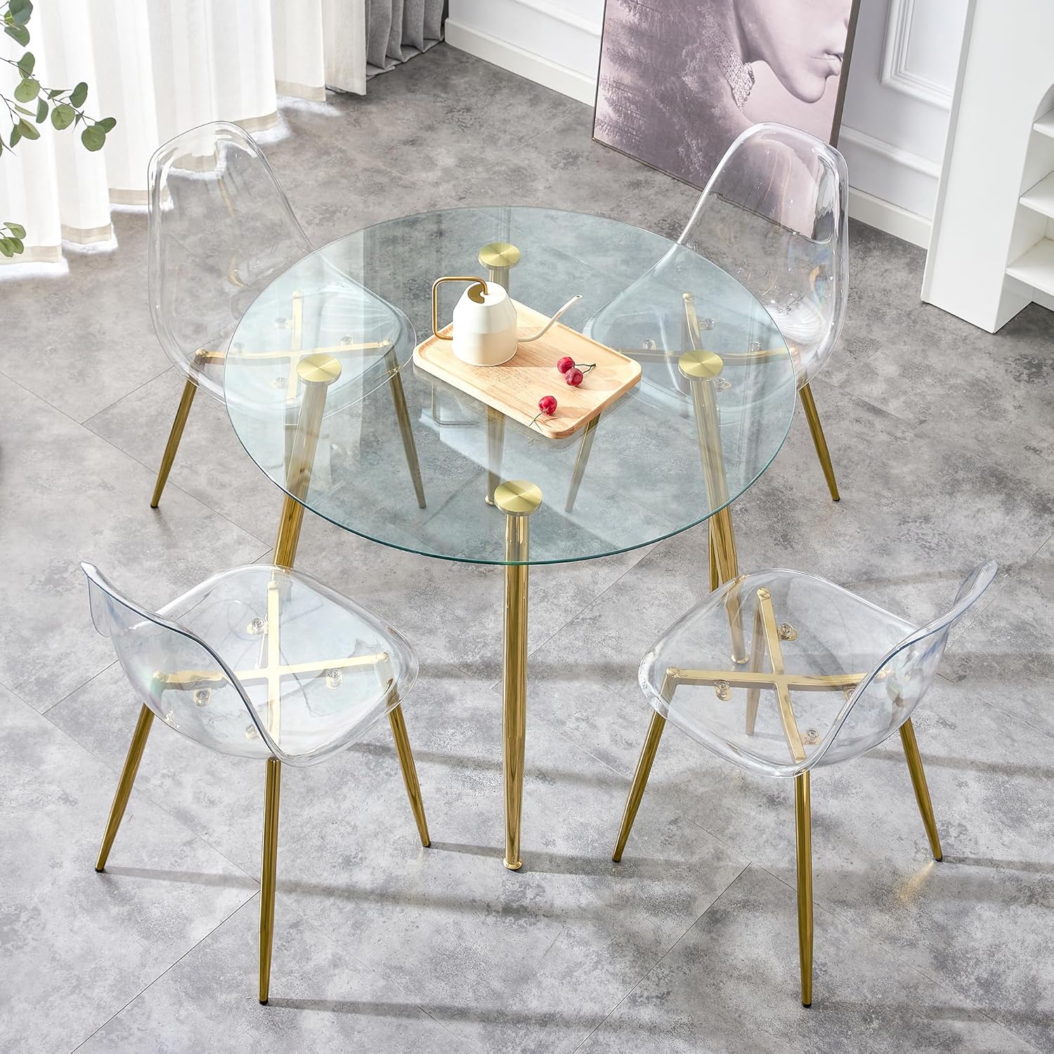 Mesa de comedor redonda, mesa de comedor moderna de 40 pulgadas, mesa de vidrio templado con patas de metal chapado en oro, Mesas de Comedor para